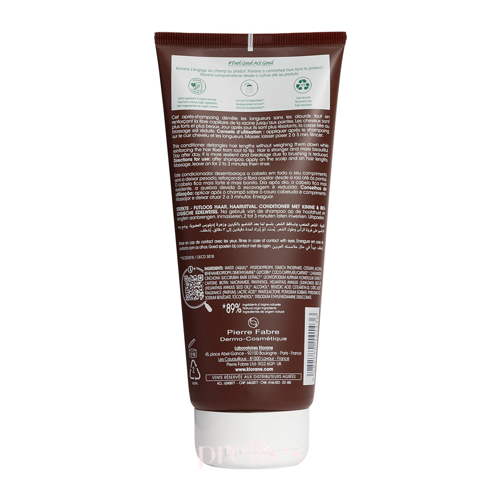 KLORANE Strengthening Conditioner with Quinine & B Vitamins for Thinning Hair - 200ml | Revitalizes & Adds Volume for Healthier Looking Hair - Perfect for Daily Use & Hair Growth Care