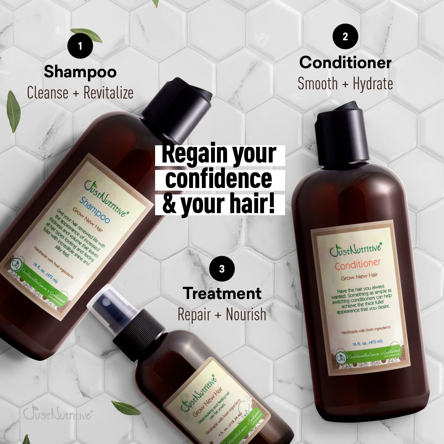 Just Nutritive Organic Hair Growth Shampoo & Conditioner Set - Natural Treatment for Thicker Hair in 4oz & 16oz | Women & Men | Stimulates New Hair Growth | Perfect for Daily Hair Care Routine & Scalp Health