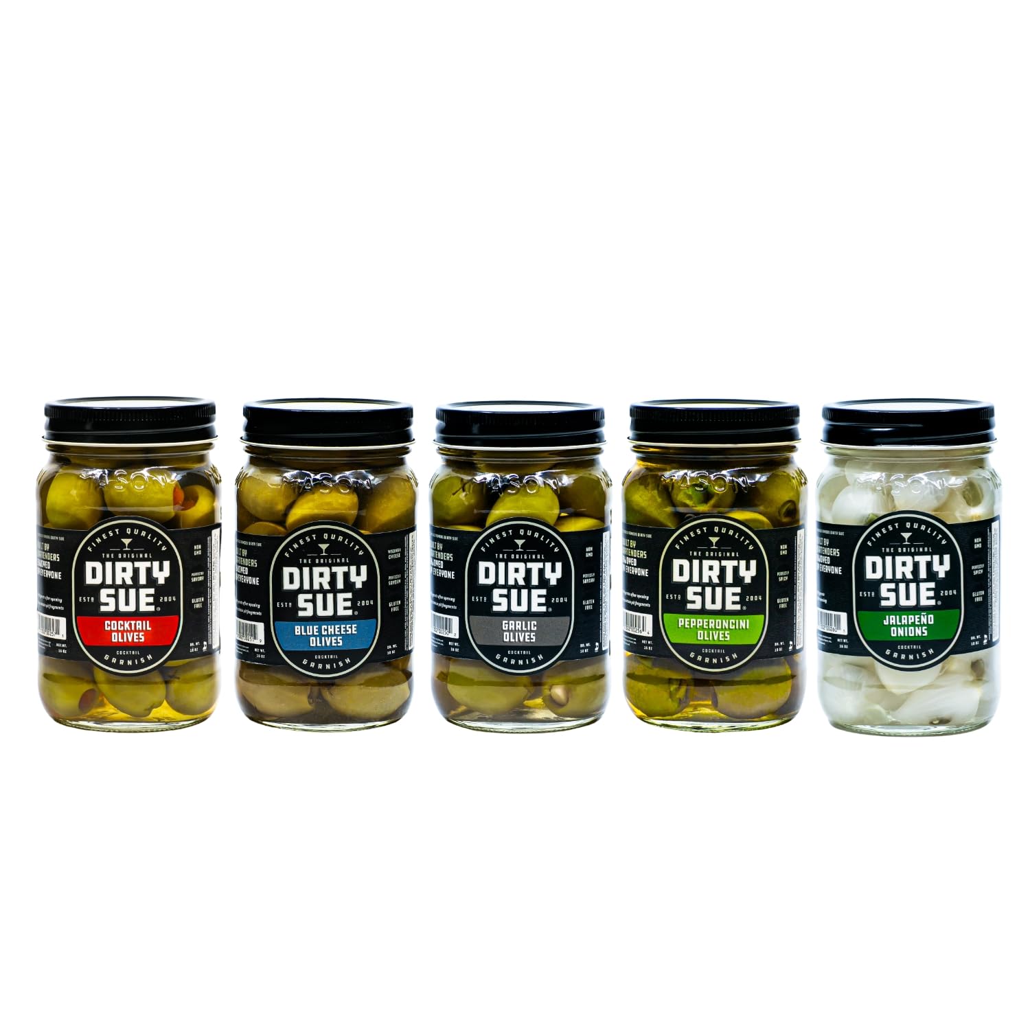 Dirty Sue Martini Stuffed Olives with Peppers & Onions Combo Pack - Large Jars for Cocktails, Dirty Martinis & Charcuterie Boards | Gourmet Bar Snacks & Party Appetizers