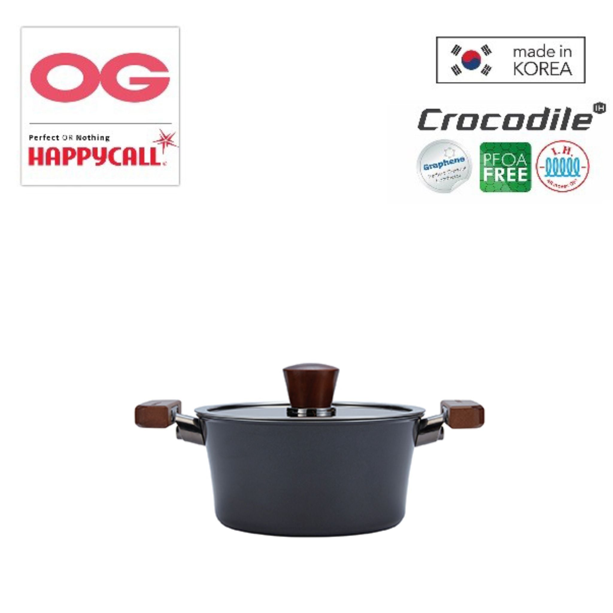 HappyCall Crocodile 24cm Stock Pot with Lid - Induction Compatible Stainless Steel Cooking Pot for Soups, Stews & Pasta - Black (HEA 3003 1302) - Perfect for Home Cooking, Camping & Large Family Meals