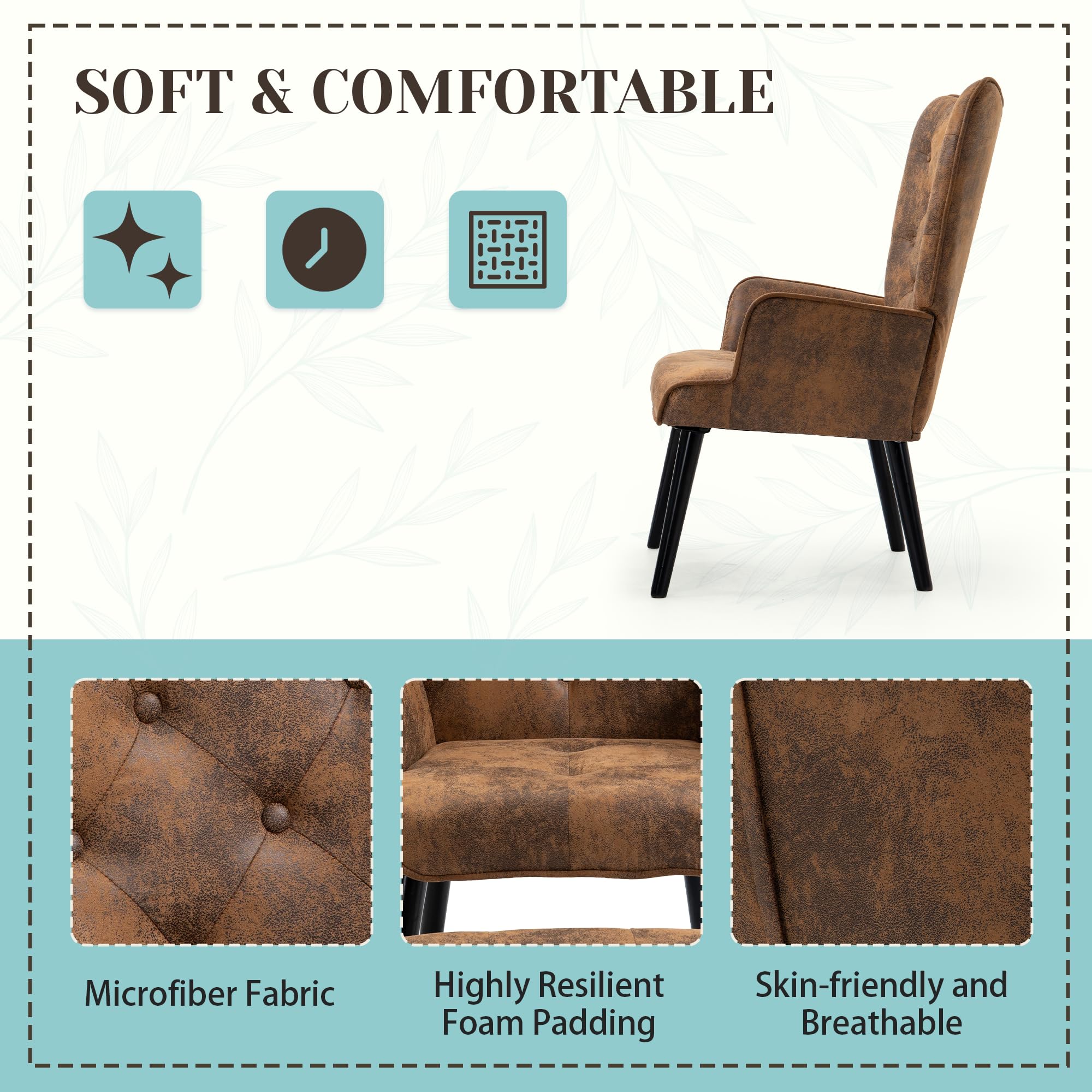 ECOTOUGE Rustic Accent Chair - Brown High Back Microfiber Wingback Armchair for Living Room & Bedroom | Comfortable Reading Chair with Sturdy Arms | Perfect for Cozy Corners, Home Office & Relaxation