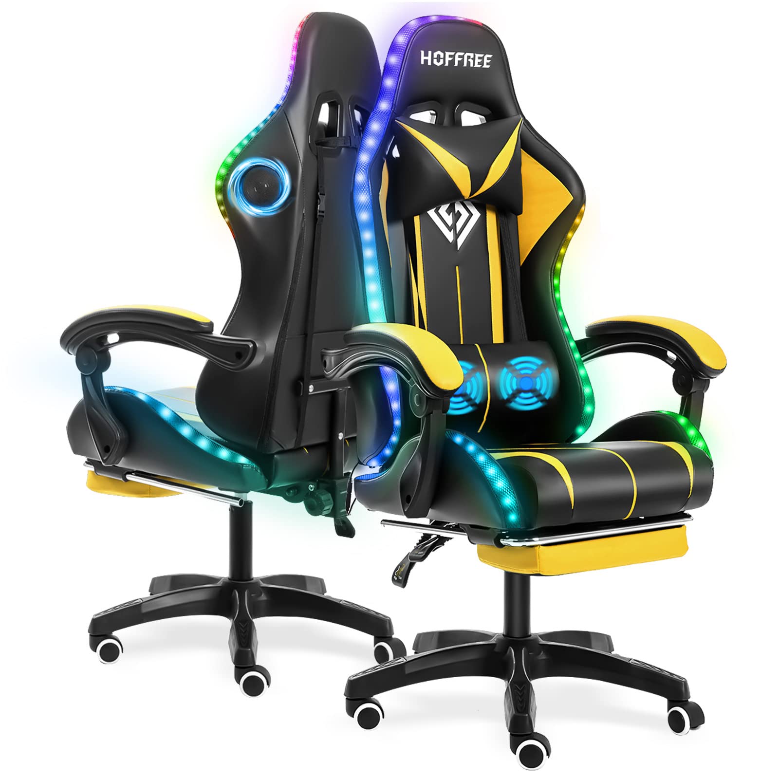 Ergonomic Gaming Chair with Bluetooth Speakers, RGB LED Lights & Massage - High Back Computer Chair with Adjustable Footrest & Lumbar Support (Yellow/Black) - Perfect for Esports, Streaming & Home Office Setup