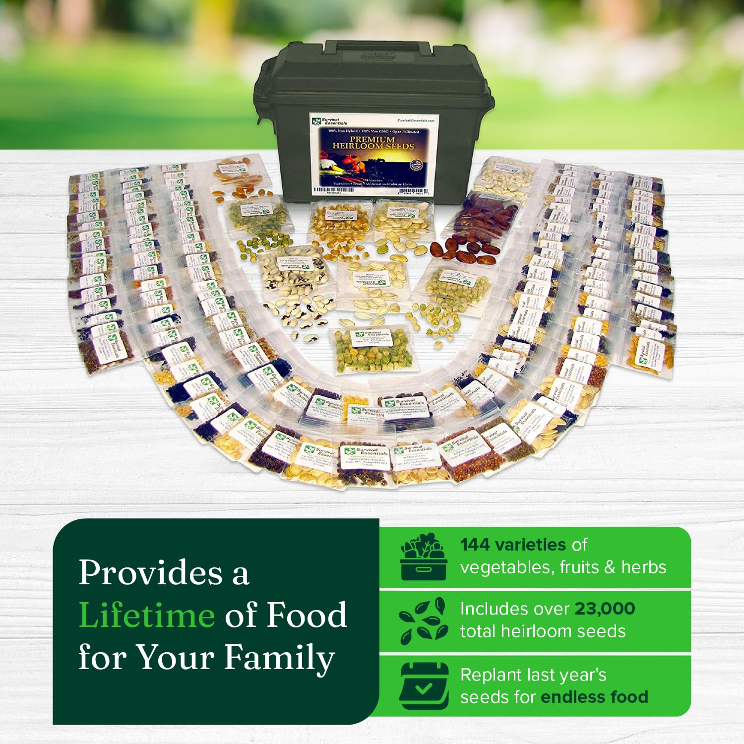 Ultimate Heirloom Seed Vault - 144 Variety Non-GMO Organic Seeds in Airtight Ammo Can - 23,000 Survival Seeds for Vegetables, Fruits & Herbs - Emergency Food Supply & Gardening Kit for Home, Survival Prepping & Sustainable Farming