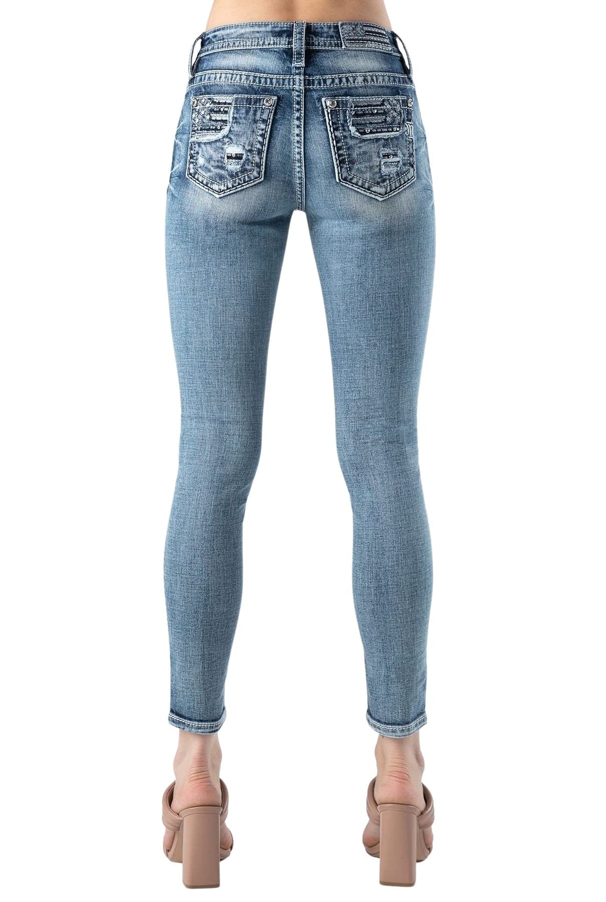 Miss Me Women's USA Flag Embroidered Skinny Jeans - Mid Rise Stretch Denim with Embellished Pockets | Perfect for 4th of July, Patriotic Events & Casual Wear