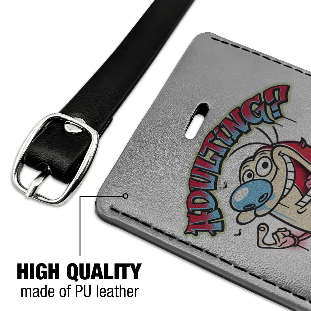 Ren and Stimpy 'Adulting What's That?' Rectangle Leather Luggage Tag - Vintage Cartoon Inspired ID Card Holder for Travel Bags, Suitcases & Backpacks | Perfect Gift for 90s Nostalgia Fans