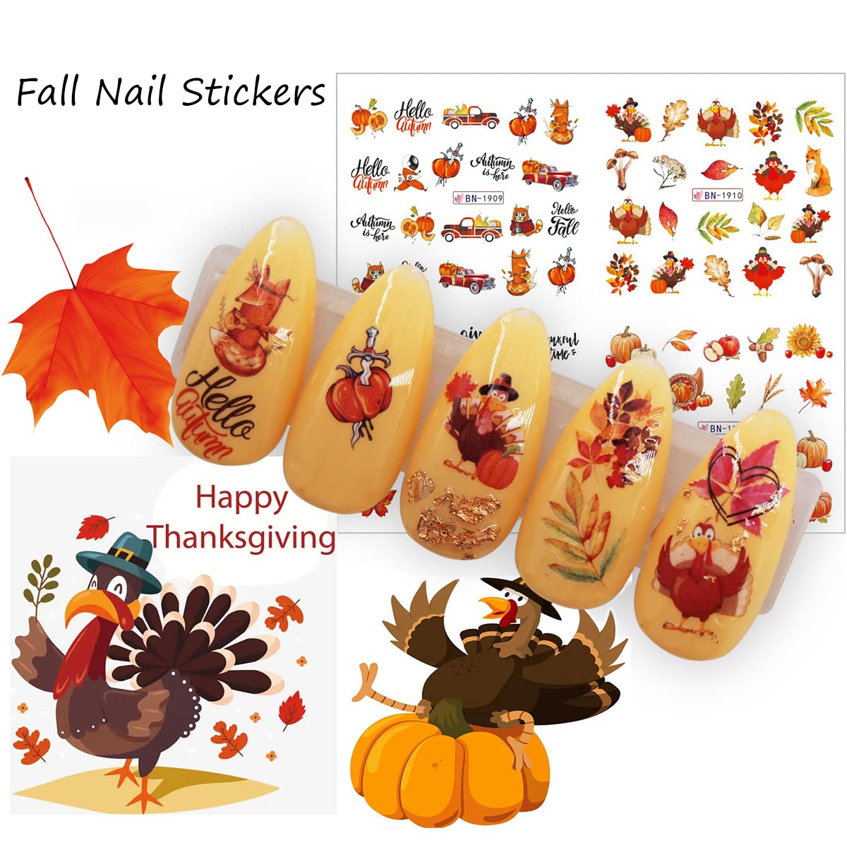 Fall Nail Stickers - Autumn Leaves & Pumpkin Thanksgiving Nail Decals | DIY Water Transfer Nail Art for Women & Girls | 12 Sheets | Perfect for Halloween, Thanksgiving Parties & Seasonal Manicures
