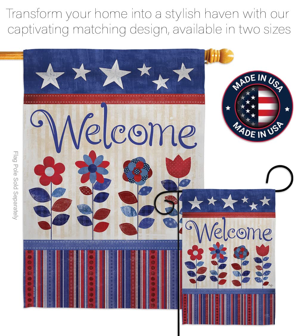 Patriotic Welcome House Flag Set 28x40in w/Flagpole for Outdoor Decor