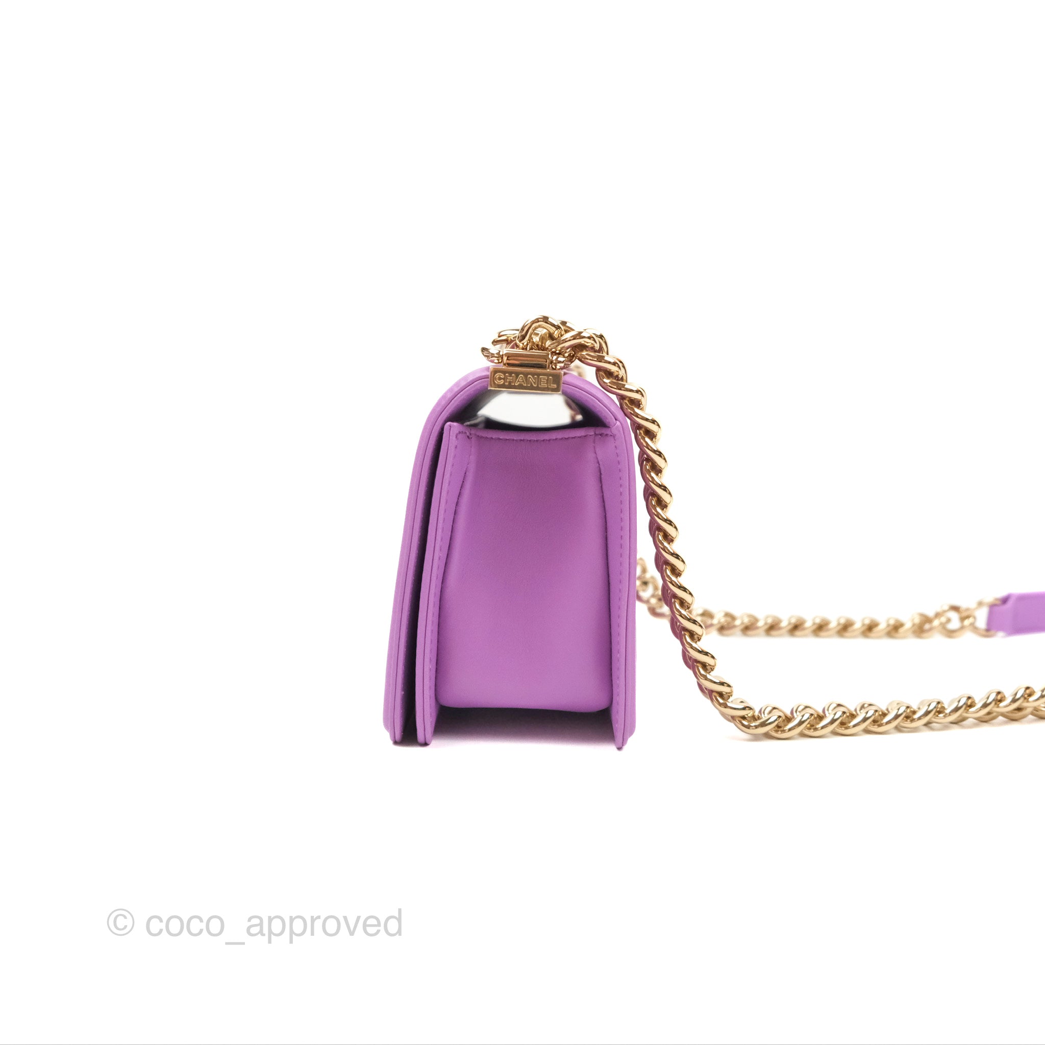 Chanel Chevron Small Boy Bag in Purple Calfskin with Gold Hardware - Luxury Crossbody Purse for Women, Perfect for Evening Events & Date Nights