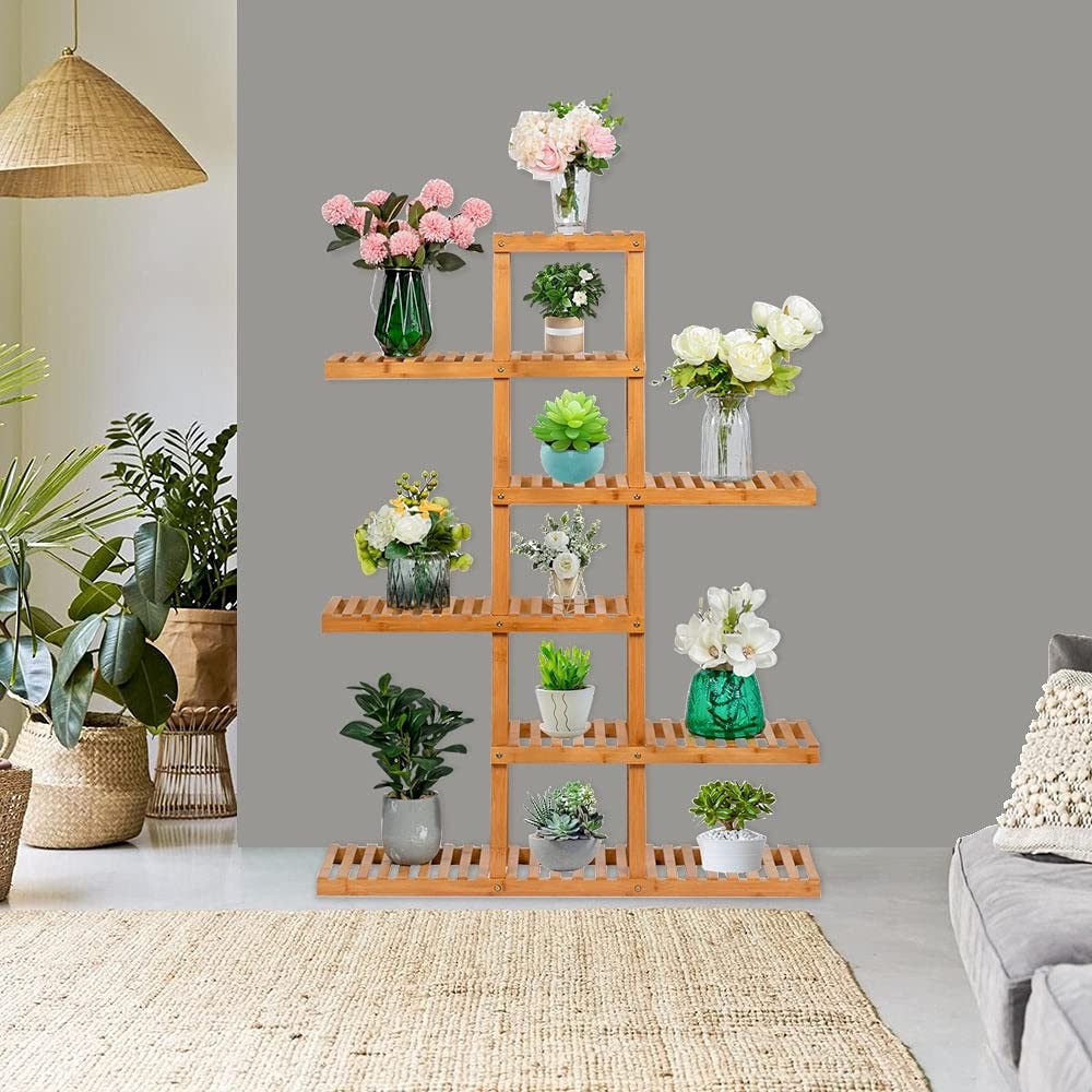 6-Tier Wooden Plant Stand for Balcony - 12 Seat Multi-Level Flower Shelf - Modern Brown Contemporary Design for Indoor & Outdoor Garden Decor