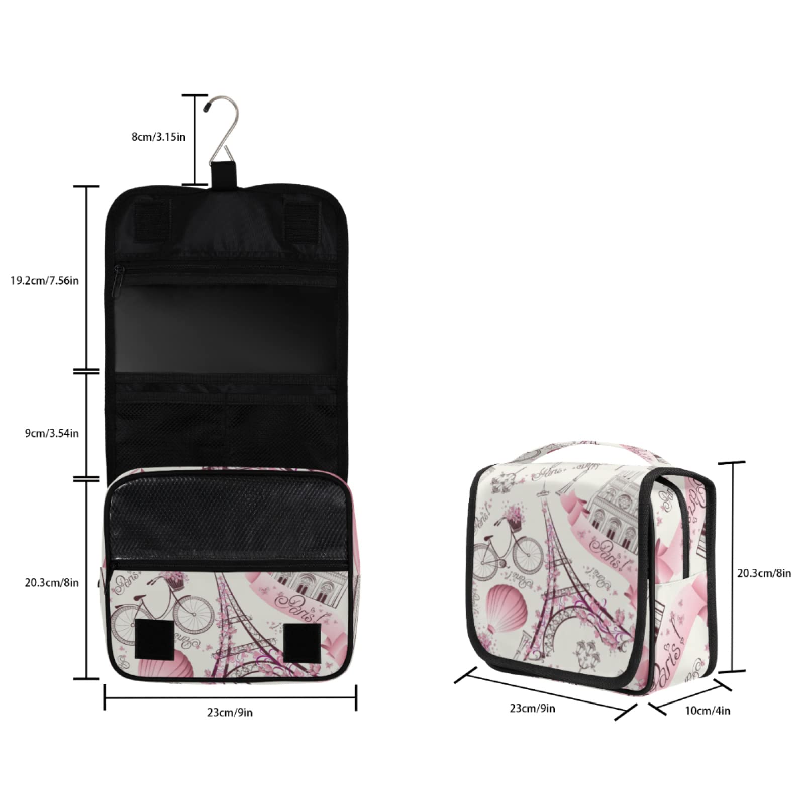 Paris Eiffel Tower Hanging Toiletry Bag for Women & Men - Floral Flower Cosmetic Makeup Organizer - Perfect for Travel, Gym, Camping & Weekend Getaways