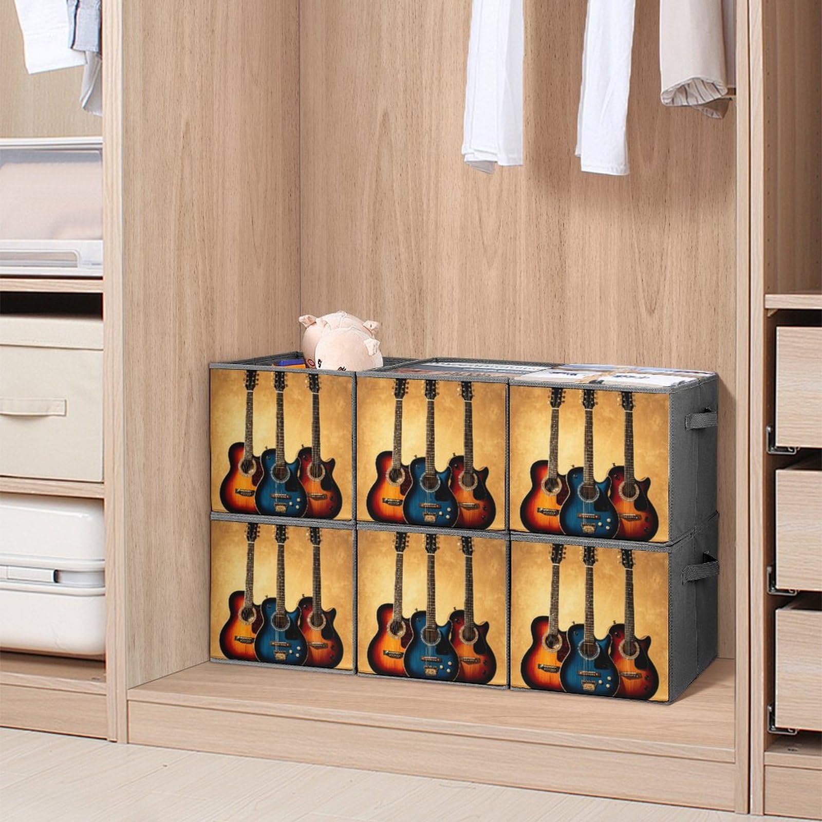 6-Piece Collapsible Storage Bins with Handles - Printed Guitar Design Multi-Purpose Organizer for Shelves, Closet, Bathroom & Home Organization - Foldable Storage Boxes for Easy Space Saving