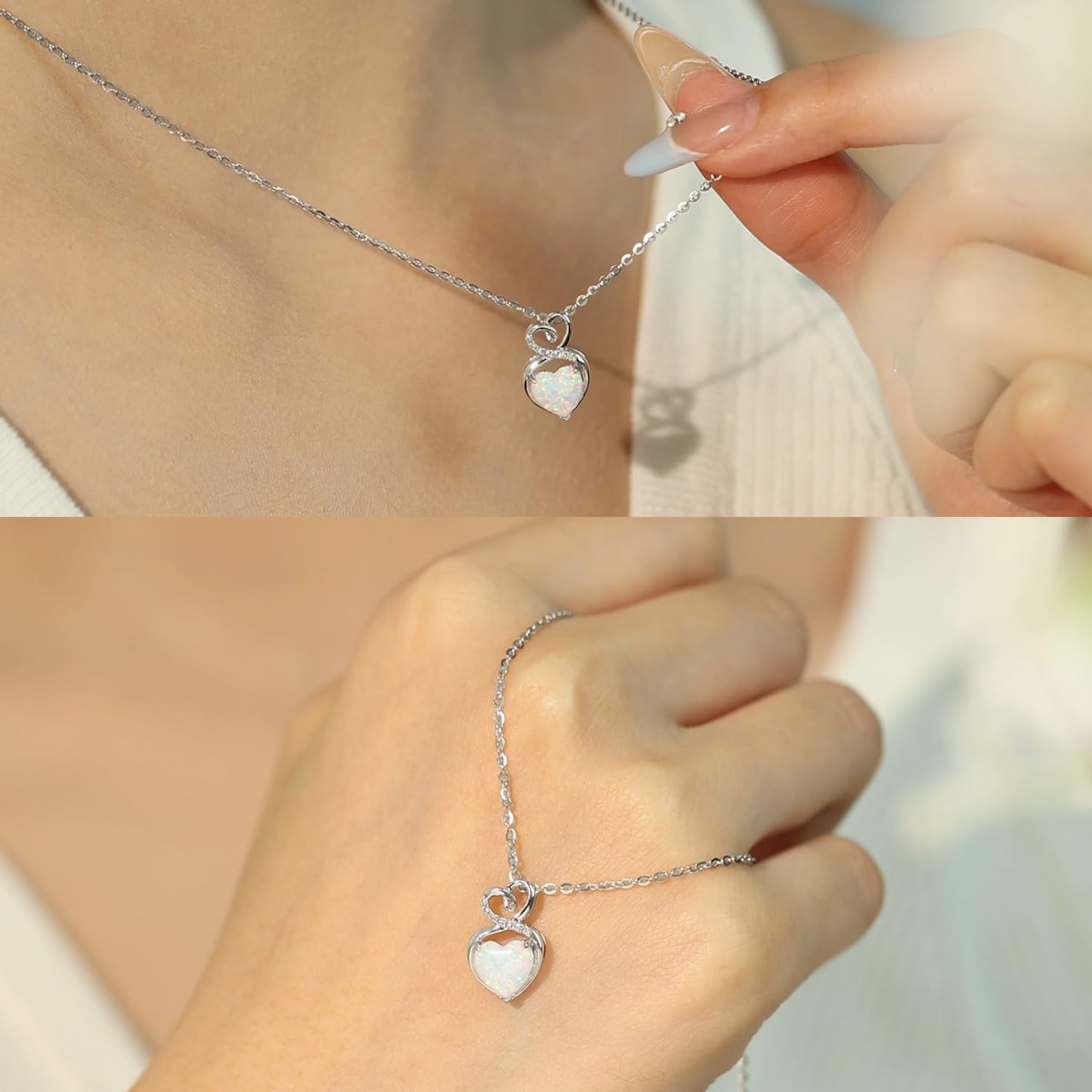 14K Solid White Gold Birthstone Necklace with Sterling Silver Chain - 1.5 CT Gemstone Heart Pendant - Dainty Fine Jewelry for Women (16