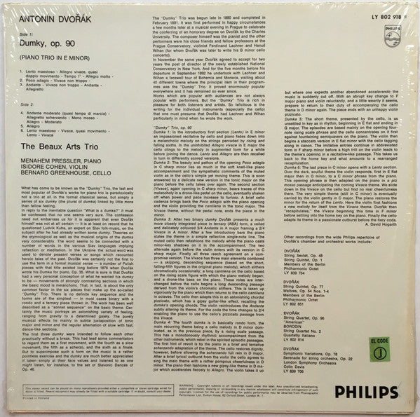 Antonín Dvořák Dumky Trio Op. 90 LP Record - Beaux Arts Trio Performance - Near Mint or Mint Condition - Perfect for Classical Music Collectors & Vinyl Enthusiasts