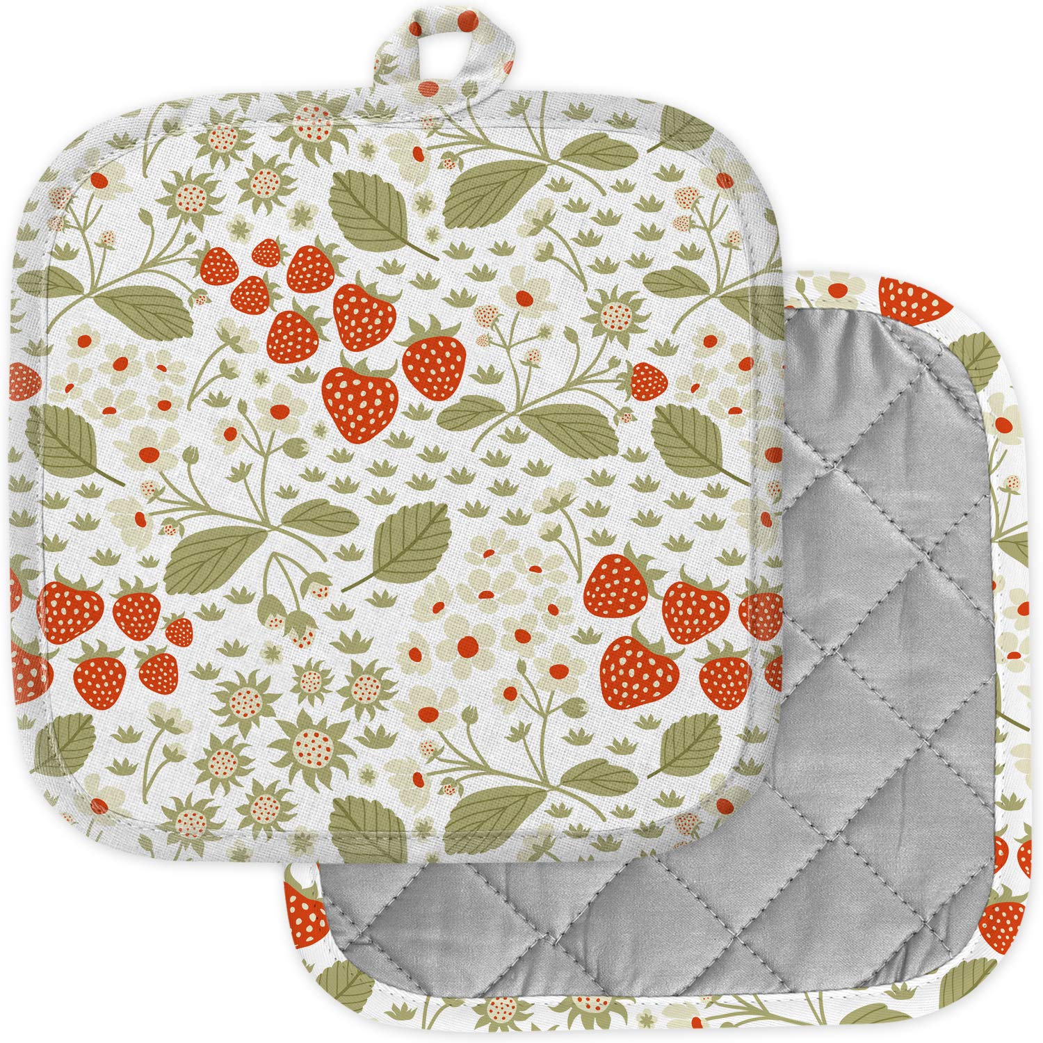 2-Pack Washable Heat Resistant Kitchen Pot Holders - Hot Pads & Trivet for Cooking, Baking, Grilling (Strawberry Fruit Blossom Design) - Perfect for Oven, Stovetop & BBQ Use