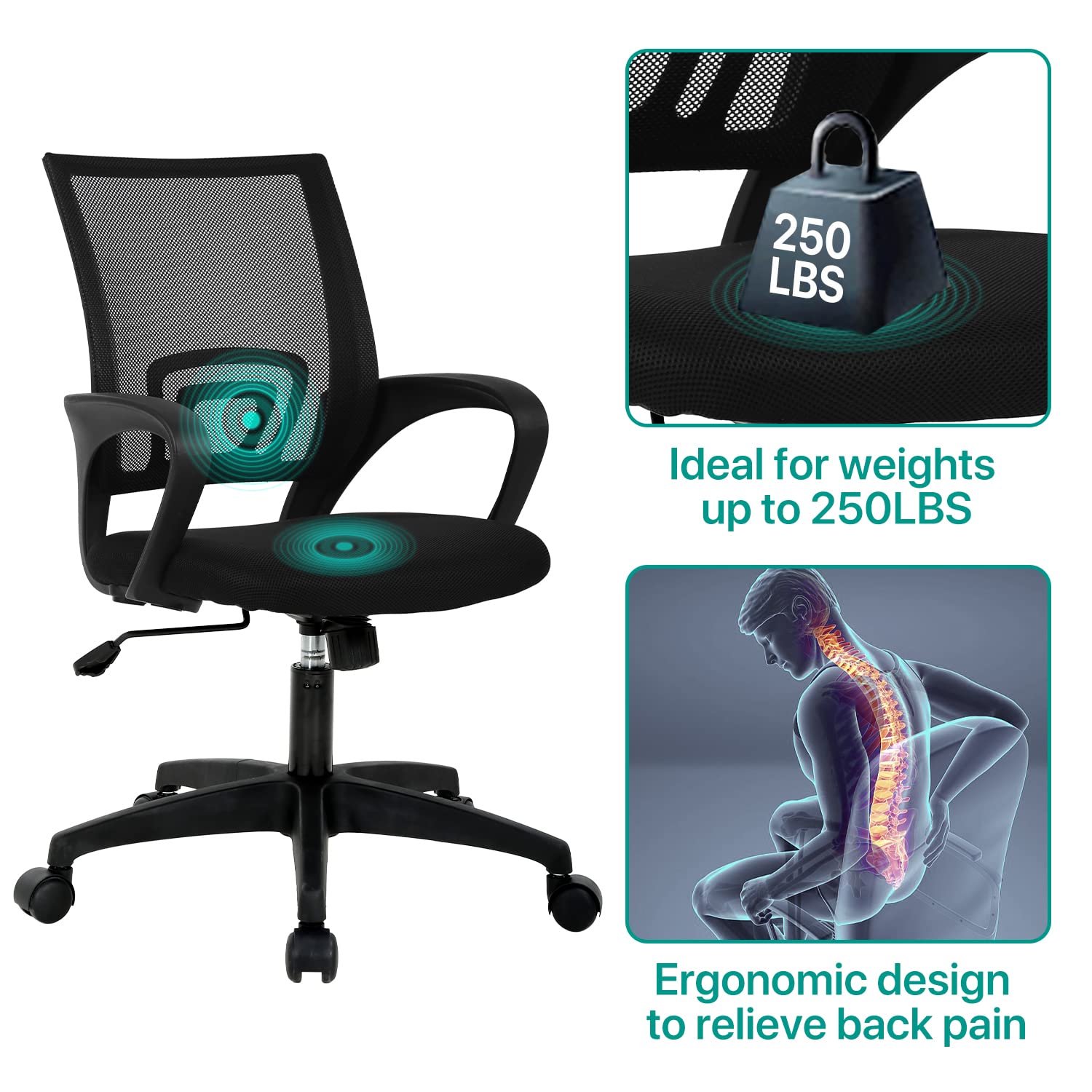 Ergonomic Office Chair with Lumbar Support - Adjustable Mid-Back Mesh Computer Chair with Armrests & Swivel Wheels for Home Office - Perfect for Long Work Hours & Video Conferencing, Black