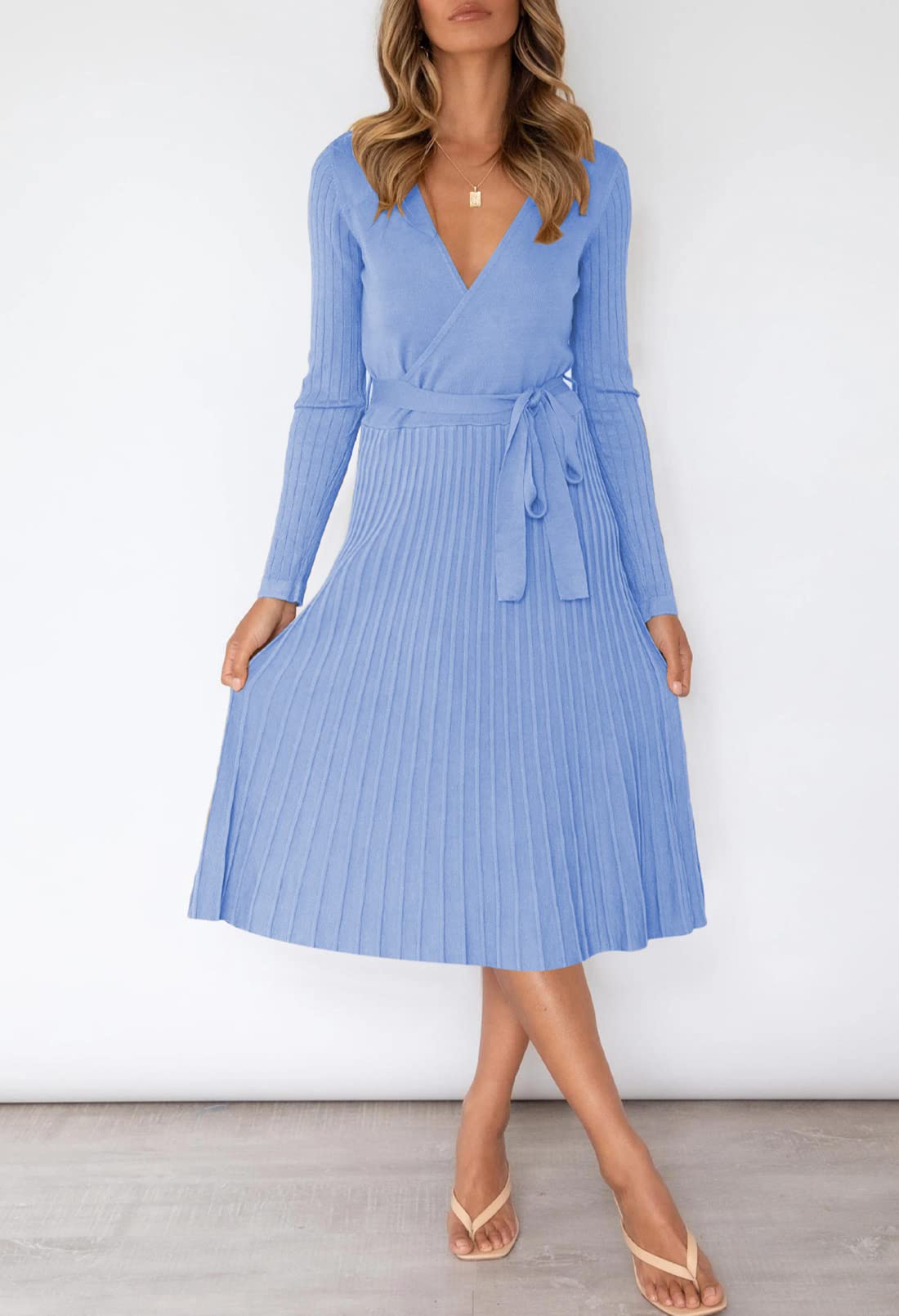 Pink Queen Women's Wrap Sweater Dress - V Neck Long Sleeve Ribbed Knit Midi Dress with Belt | Casual Office Wear, Date Night Outfit, Fall Winter Fashion