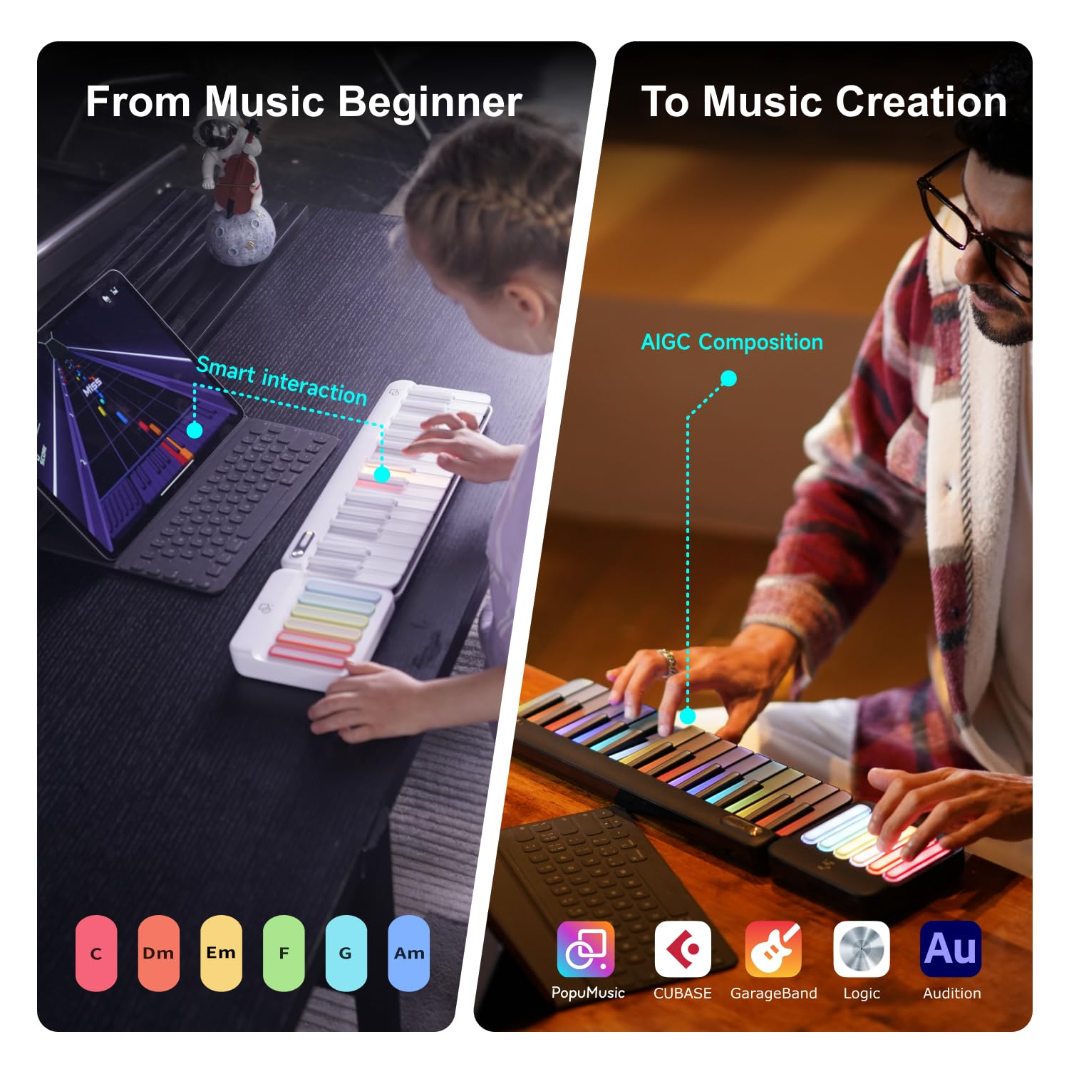 Smart Piano Keyboard with Speaker - 88 Key Electric Keyboard for Beginners, Rainbow Backlit Keys, 256 Tones & 100+ Chords, MIDI Controller with Sustain Pedal Jack - Perfect for Home Learning, Music Production & Live Performances