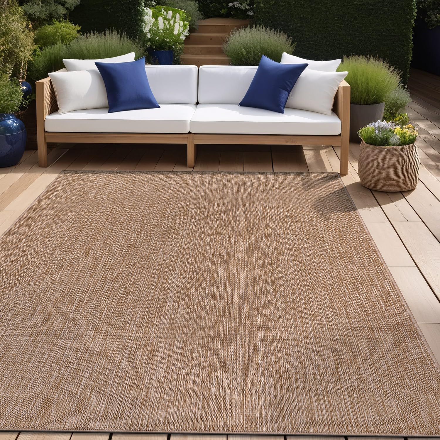 Beverly Indoor Outdoor Rug 6x9 - Washable Water Resistant Jute Beige Area Rug for Patio, Deck, Porch - Modern Solid Design for Home, Garden & Backyard Decor