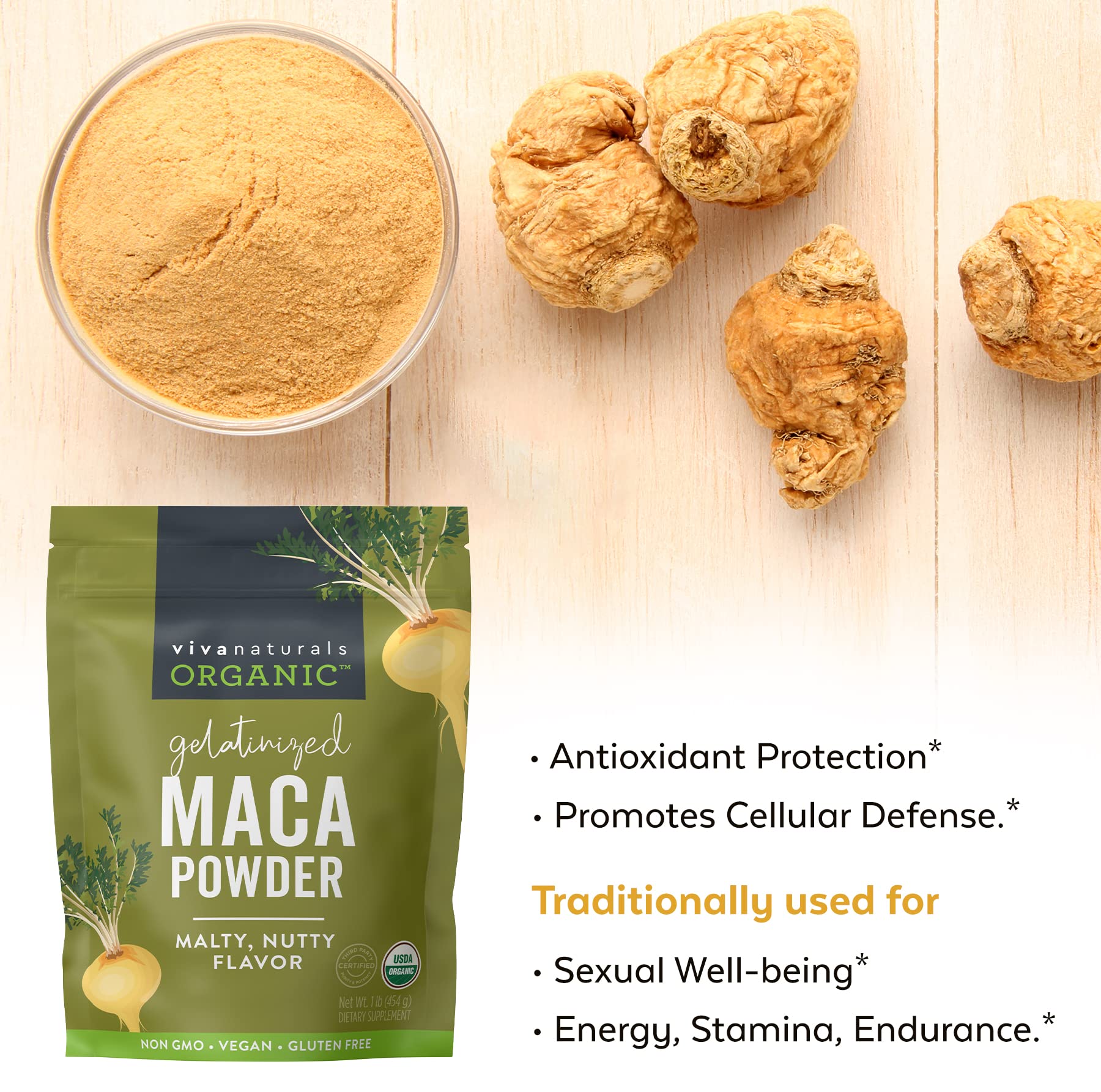 Viva Naturals Organic Gelatinized Maca Powder - 16oz (1lb) Peruvian Superfood for Energy & Vitality, Certified USDA Organic, Gluten-Free, Non-GMO - Perfect for Smoothies, Baking & Natural Energy Boost