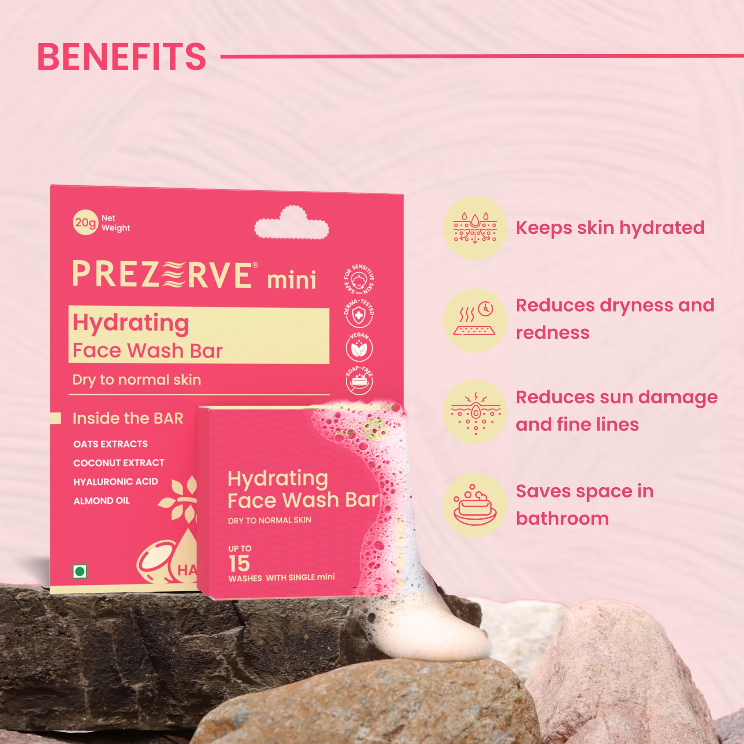Prezerve Mini Hydrating Face Wash Bar for Dry to Normal Skin - pH Balanced Vegan Cleansing Bar with Oats, Coconut Extract, Hyaluronic Acid & Almond Oil - Sulfate & Paraben Free, Soap Free - 20g Travel Size | Perfect for Daily Skincare Routine, Gym Bag & On-the-Go Use