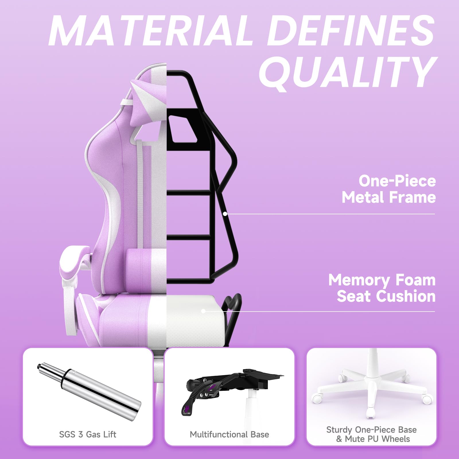 Kawaii Light Purple Gaming Chair with Bunny Ears - Ergonomic Cute Gamer Chair with Footrest & Massage - Racing Reclining Leather Computer Chair for Girls, Adults, Teens & Kids - Perfect for Gaming, Streaming, Home Office & Dorm Room Setup