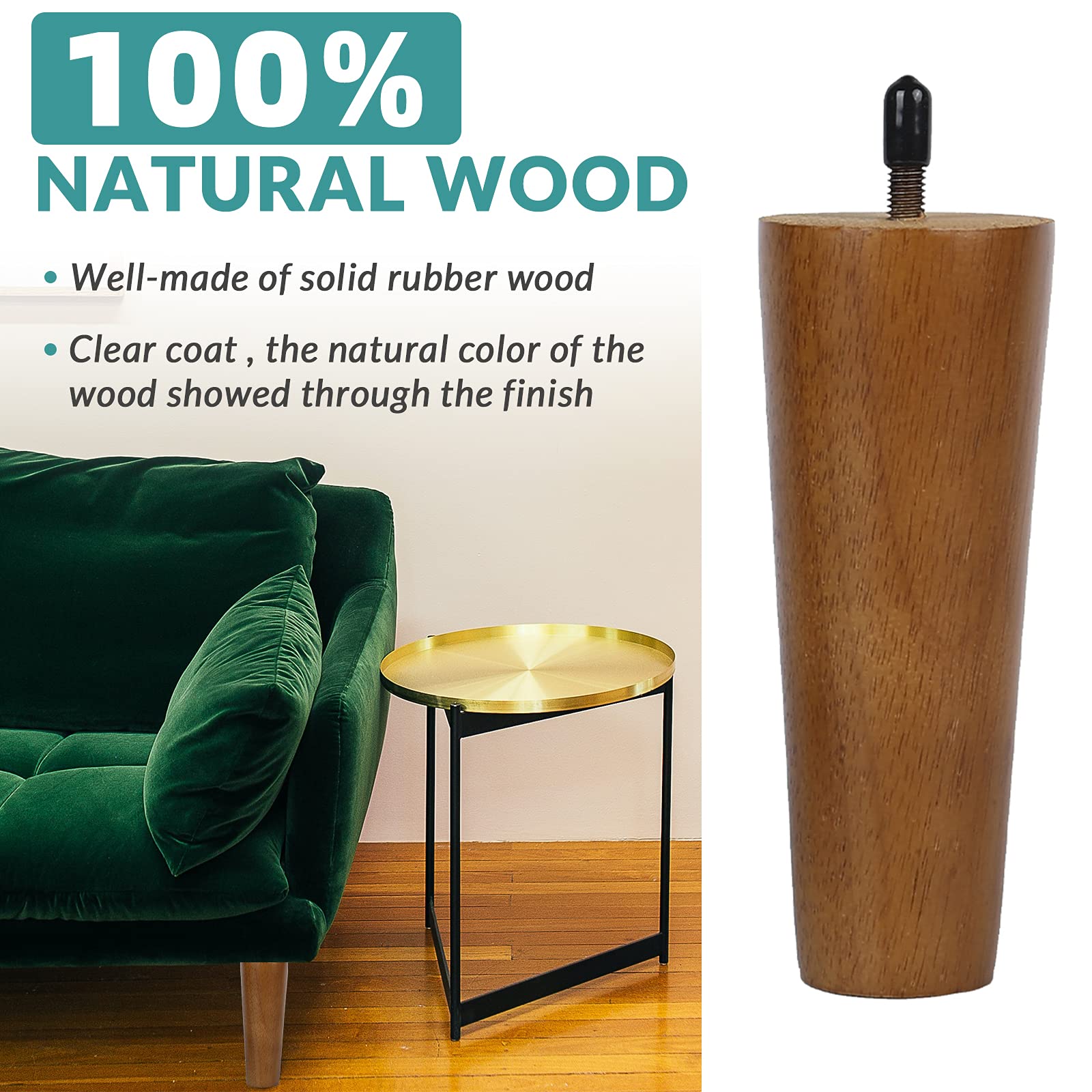 MEETWARM 6 Inch Round Tapered Wood Sofa Legs - Set of 4 Mid-Century Modern Replacement Furniture Legs for Couch, Armchair, Nightstand, Dresser, Cabinet - Walnut Finish - Perfect for Living Room, Bedroom & Home Office Decor