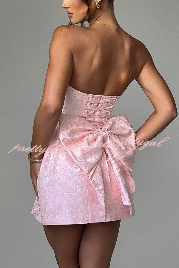 Elegant Palace Style Jacquard Fabric Off Shoulder Backless Lace Up Bow Mini Dress for Women - Perfect for Cocktail Parties, Date Nights & Special Occasions