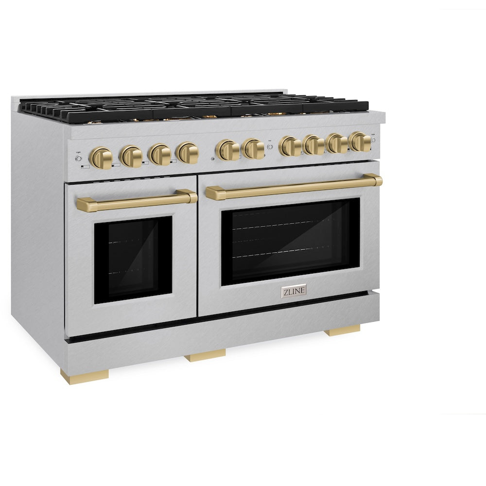 ZLINE Autograph Edition 48-Inch 6.7 cu. ft. Dual Fuel Range with 8-Burner Gas Cooktop - Satin Stainless Steel & Champagne Bronze Accents (SDRSZ 48 CB) - Perfect for Gourmet Cooking & Large Family Kitchens
