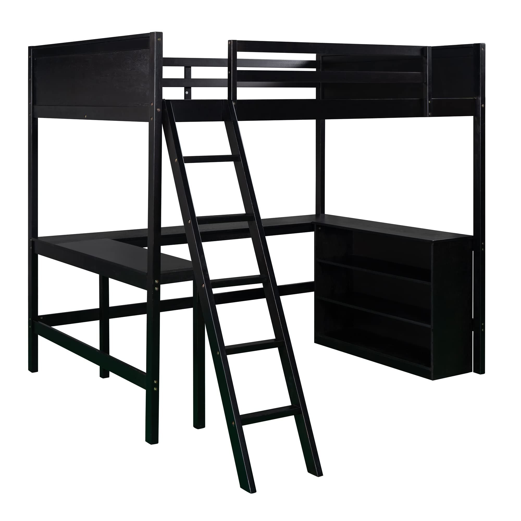 Merax Full Size Loft Bed with 3-Tier Shelves & Built-in Study Desk - Space Saving Wooden Bunk Bed for Kids & Teens - Sturdy Frame with Safety Ladder & Full-Length Guardrail in Espresso Finish - Perfect for Small Bedrooms, Dorms & Studio Apartments