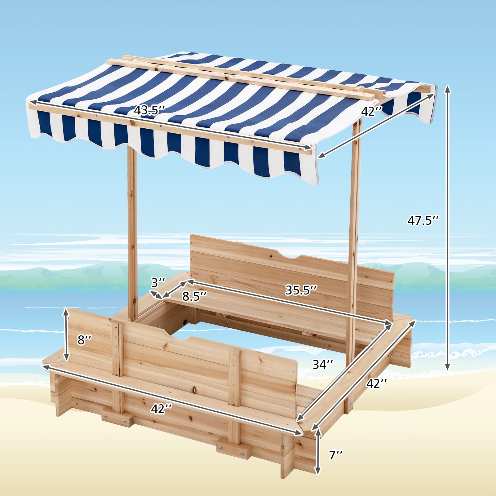 Costzon Kids Wooden Sandbox with Convertible Canopy - Cedar Square Cabana Sandbox with Cover & 2 Bench Seats w/Backrest | Outdoor Playset Sandpit for Toddlers & Children | Perfect for Backyard, Garden, Beach & Outdoor Play Areas