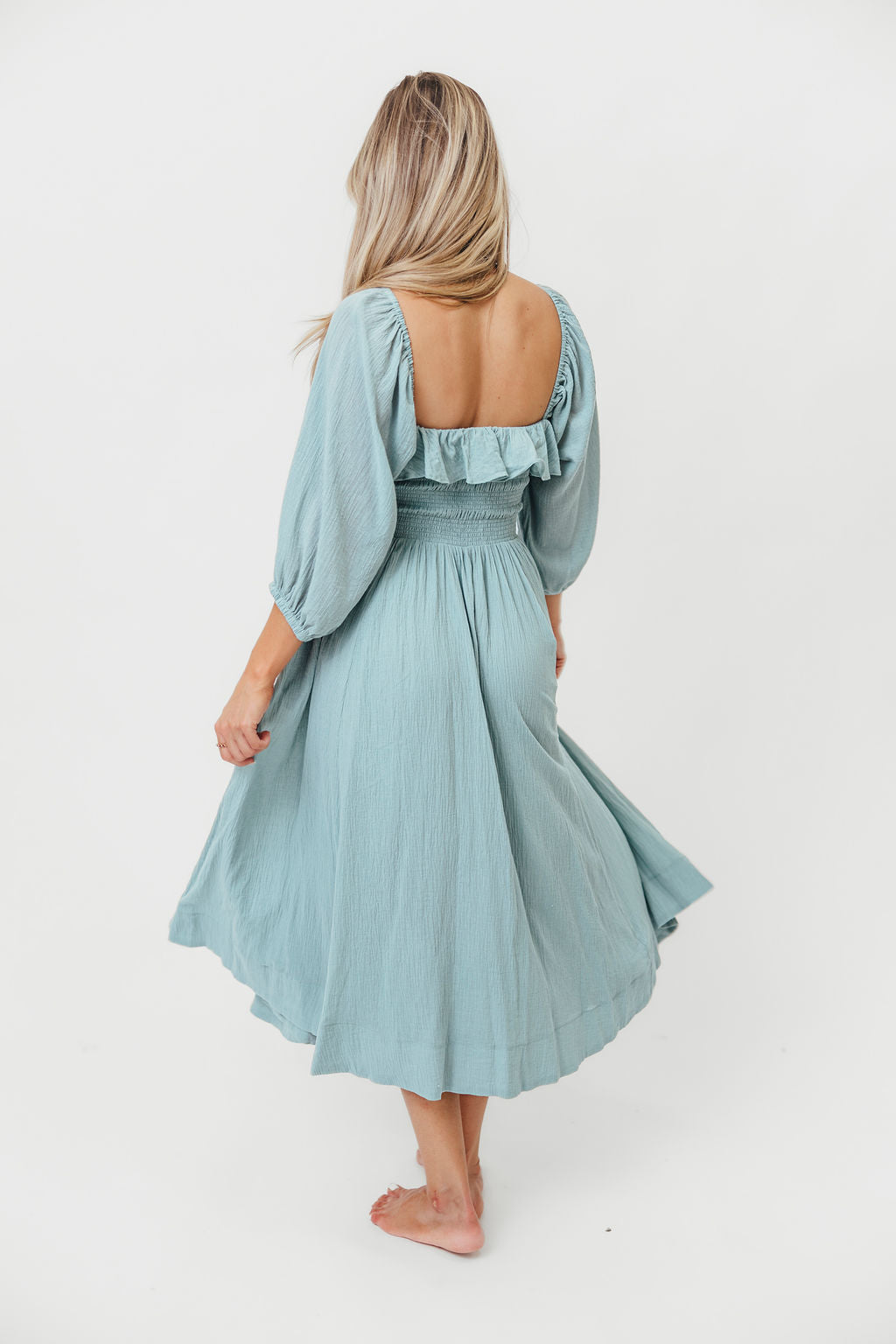 Miffy Ruffled Smocking Flowy Midi Dress in Mint Green - Perfect for Summer Weddings, Garden Parties & Casual Outings