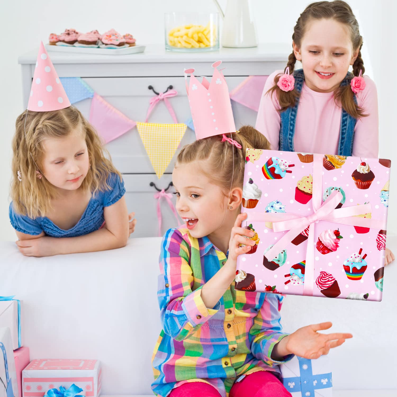 Pink Cupcake Birthday Wrapping Paper - 7 Sheets 20x28 Inch Gift Wrap with Ribbon for Kids, Girls, Boys | Perfect for Birthday Parties, Baby Showers & Gift Giving