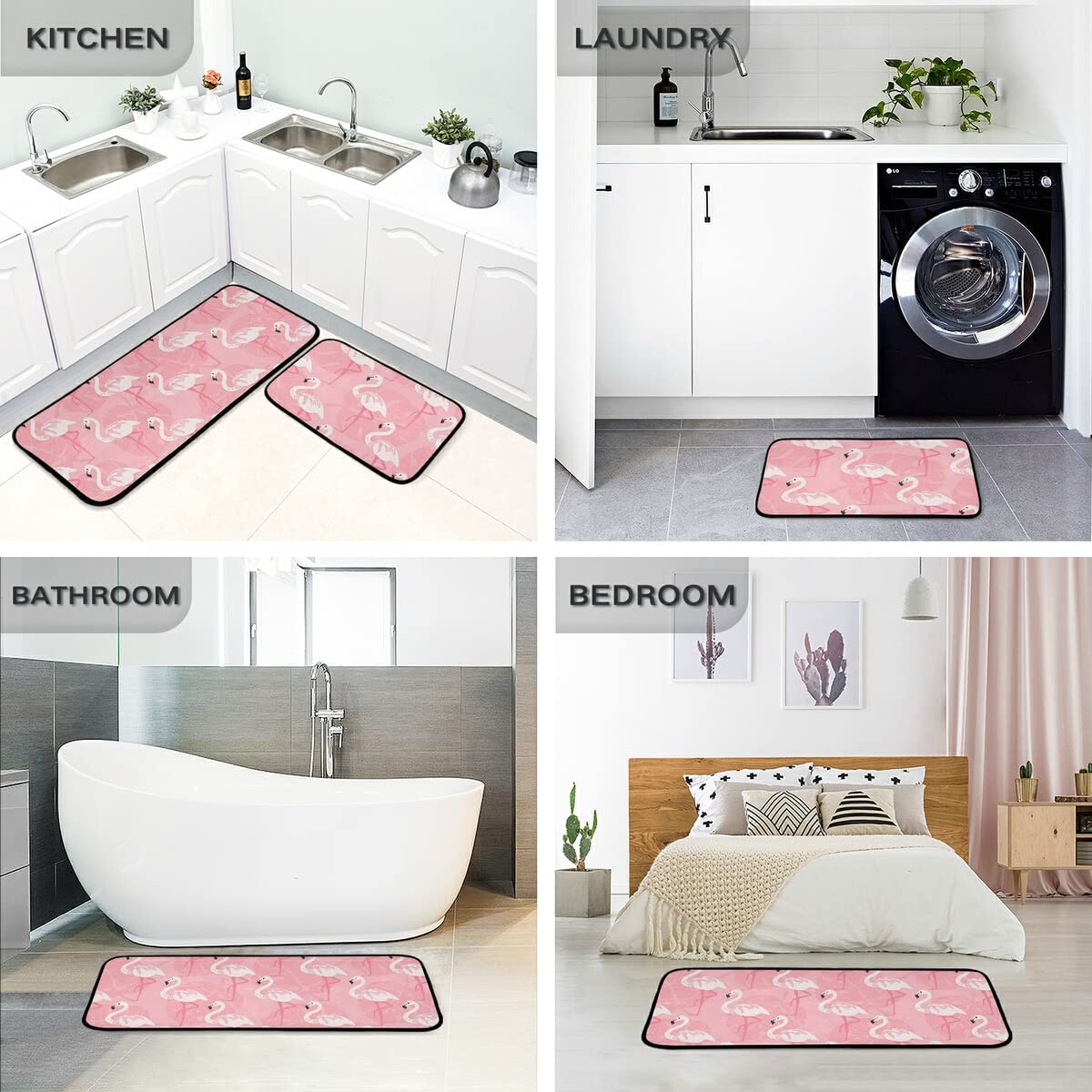 Non-Slip Washable Pink Flamingo Kitchen Rugs Set of 2 - Soft Bathroom Mats for Living Room, Entryway & Home Decor - Cute Floral Runner Floor Mat with Anti-Skid Backing for High Traffic Areas