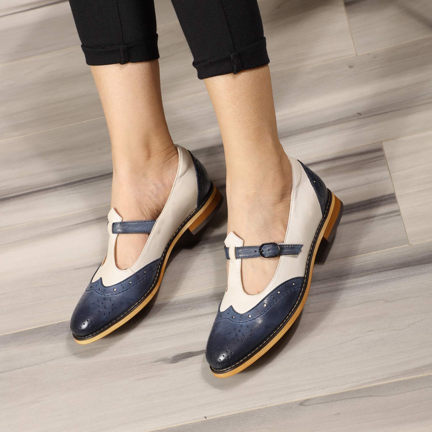 Women's Leather Wingtip Oxford Mary Jane Loafers - Casual T-Strap Flat Shoes for Ladies | Comfortable & Stylish for Work, Office & Everyday Wear