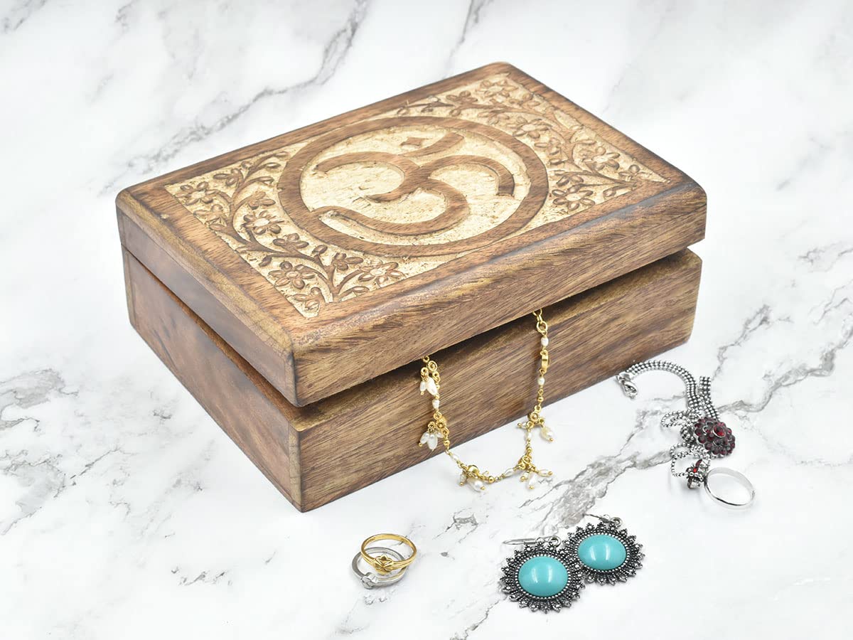 Hand Carved Wooden Decorative Box with OM & Floral Design - Jewelry Organizer, Keepsake Box, Treasure Chest for Women | Perfect for Home Decor, Gift Giving, and Storing Valuables