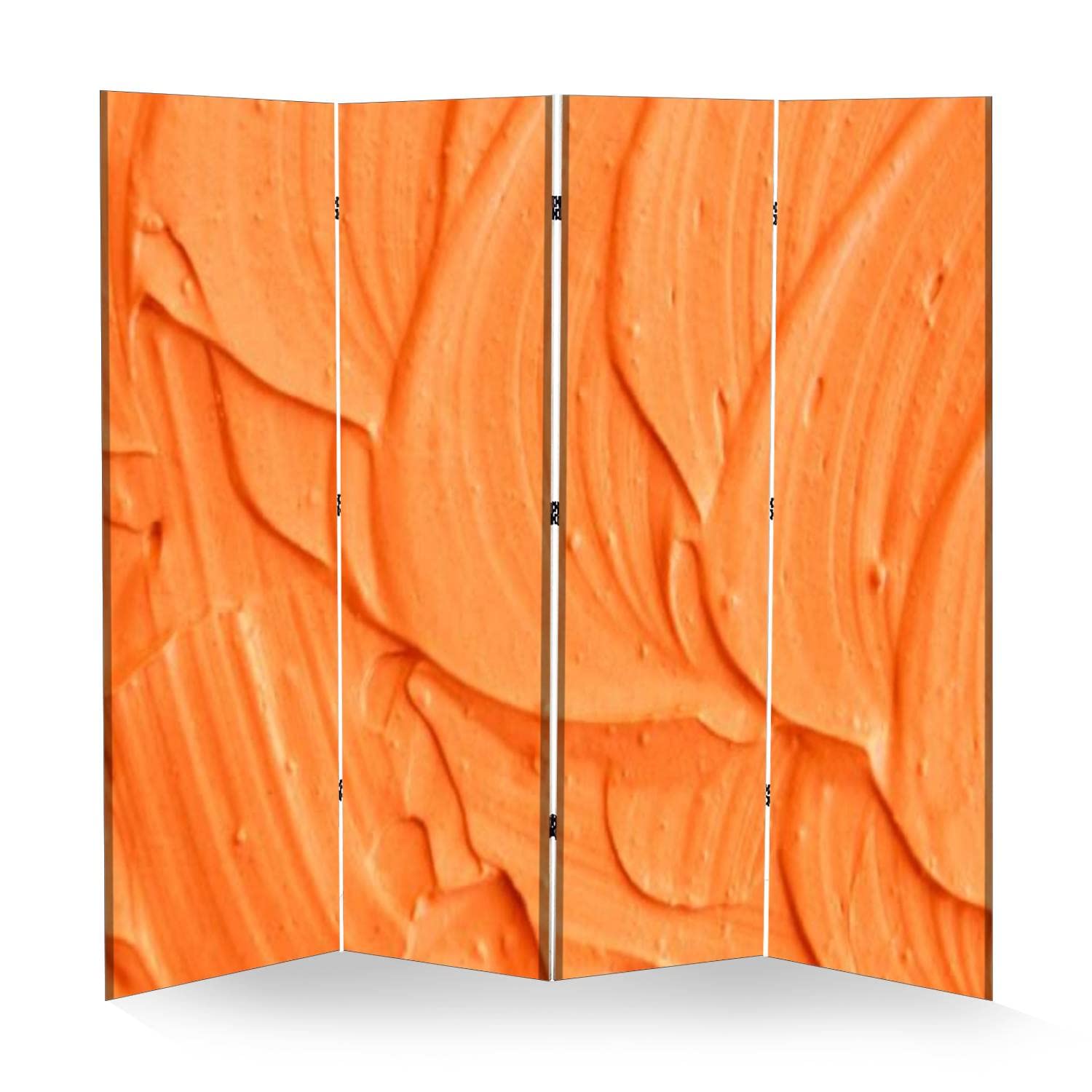 Orange Abstract Wooden Room Divider - 4 Panel Folding Privacy Screen with Pumpkin Cream Texture & Brush Stroke Design | Dual-Sided Canvas Partition for Home Office, Bedroom & Indoor Display