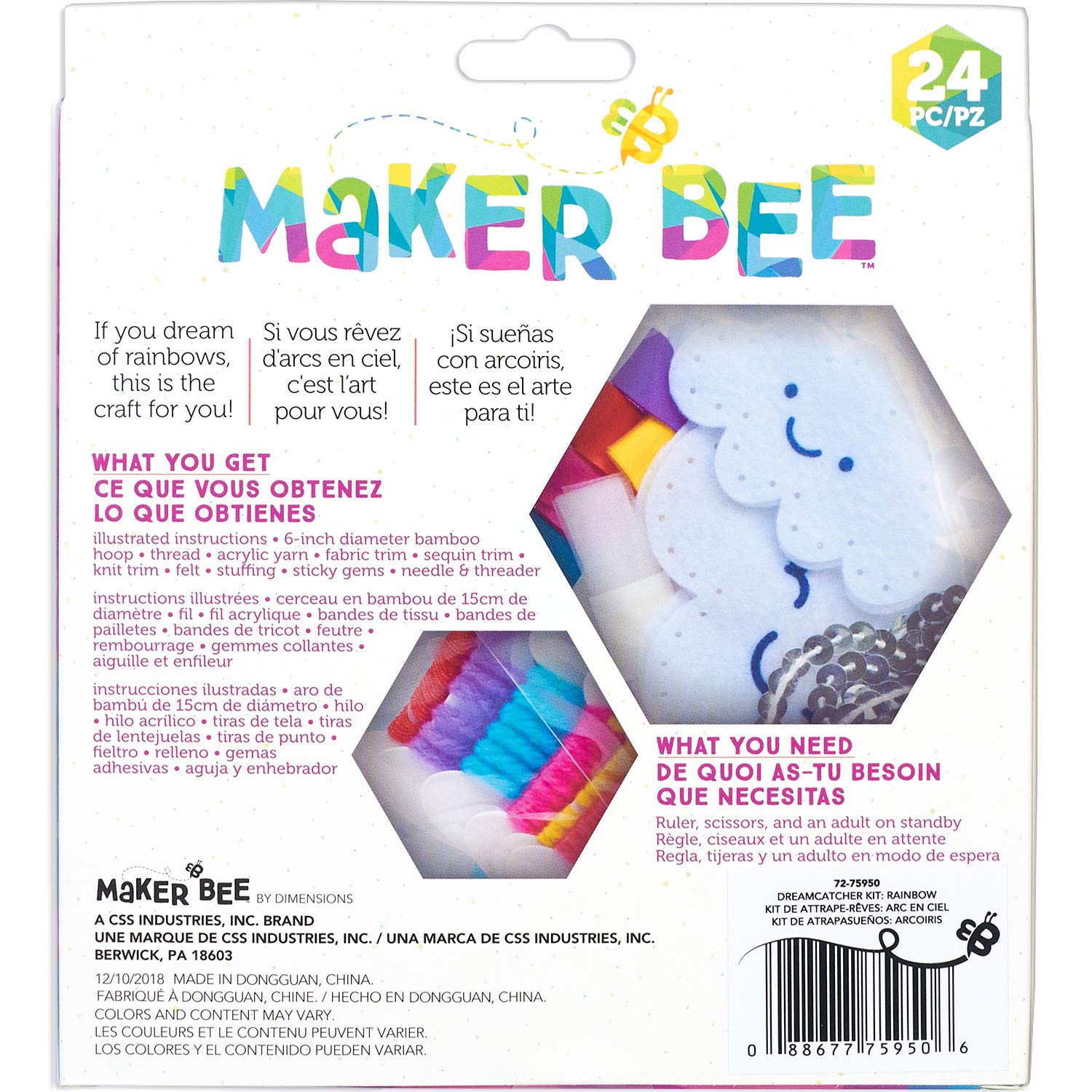 Dimensions Simplicity Maker Bee Rainbow DIY Dream Catcher Craft Kit - 24 Piece Set for Kids & Adults, Home Decor & Gift Making