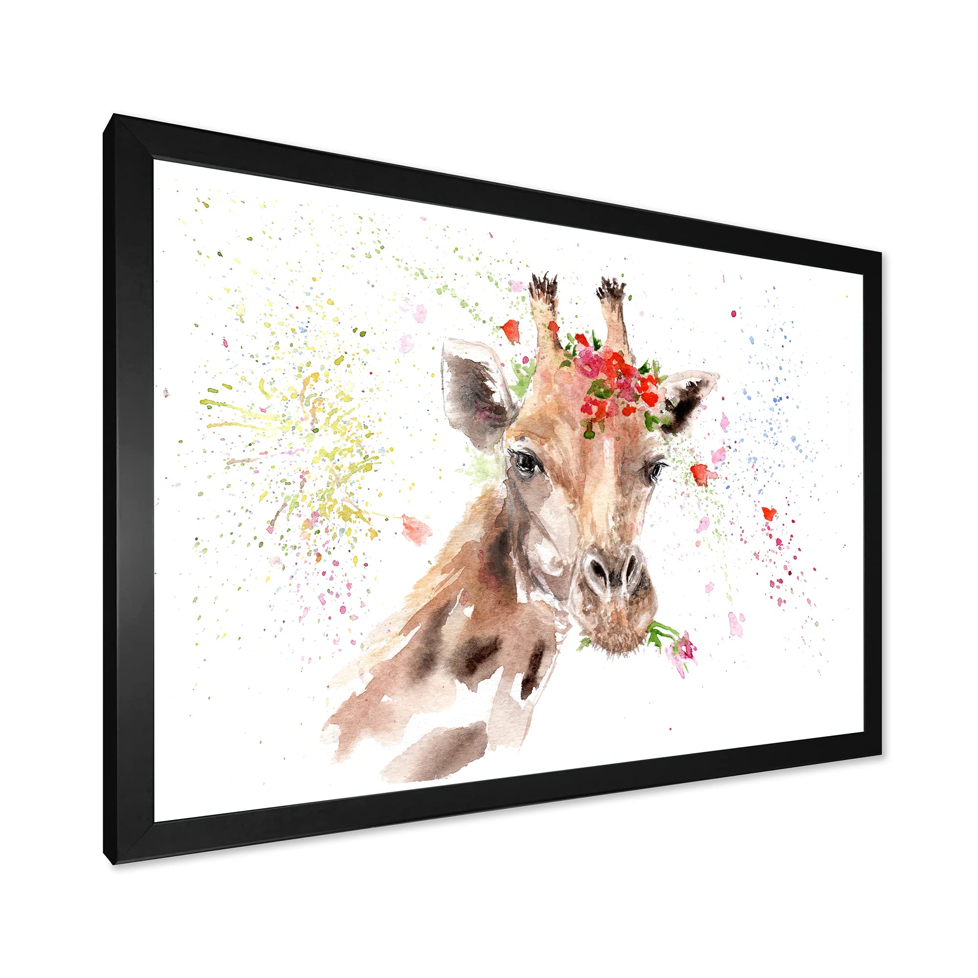 DesignQ Giraffe with Flowers III - Farmhouse Framed Wall Art Decor for Living Room, Bedroom & Nursery - Animal Portrait Painting for Home & Office