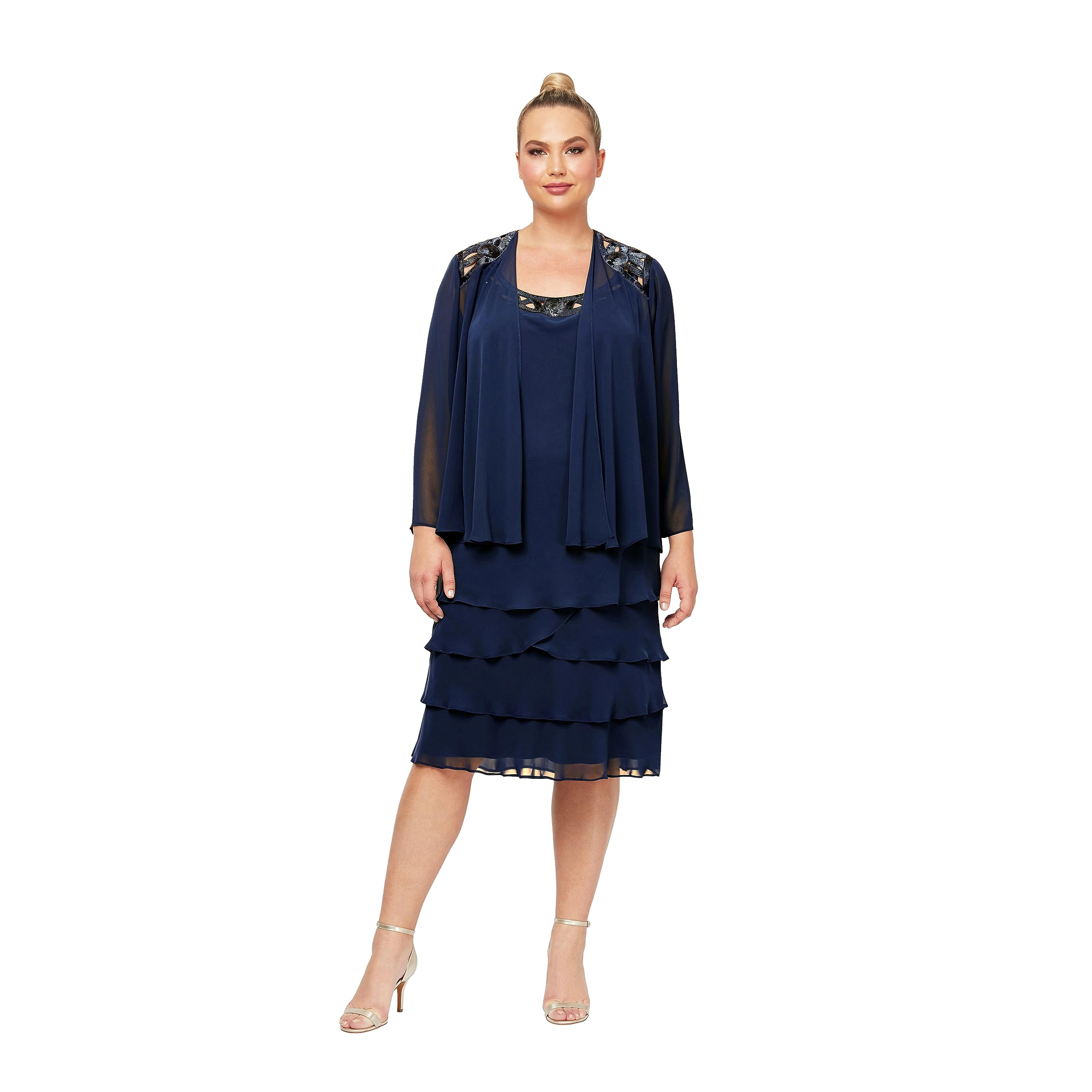 Women's Plus Size Embellished Shoulder Chiffon Tiered Jacket - Elegant Mother of The Bride Dress for Weddings, Parties & Special Occasions | S.L. Fashions