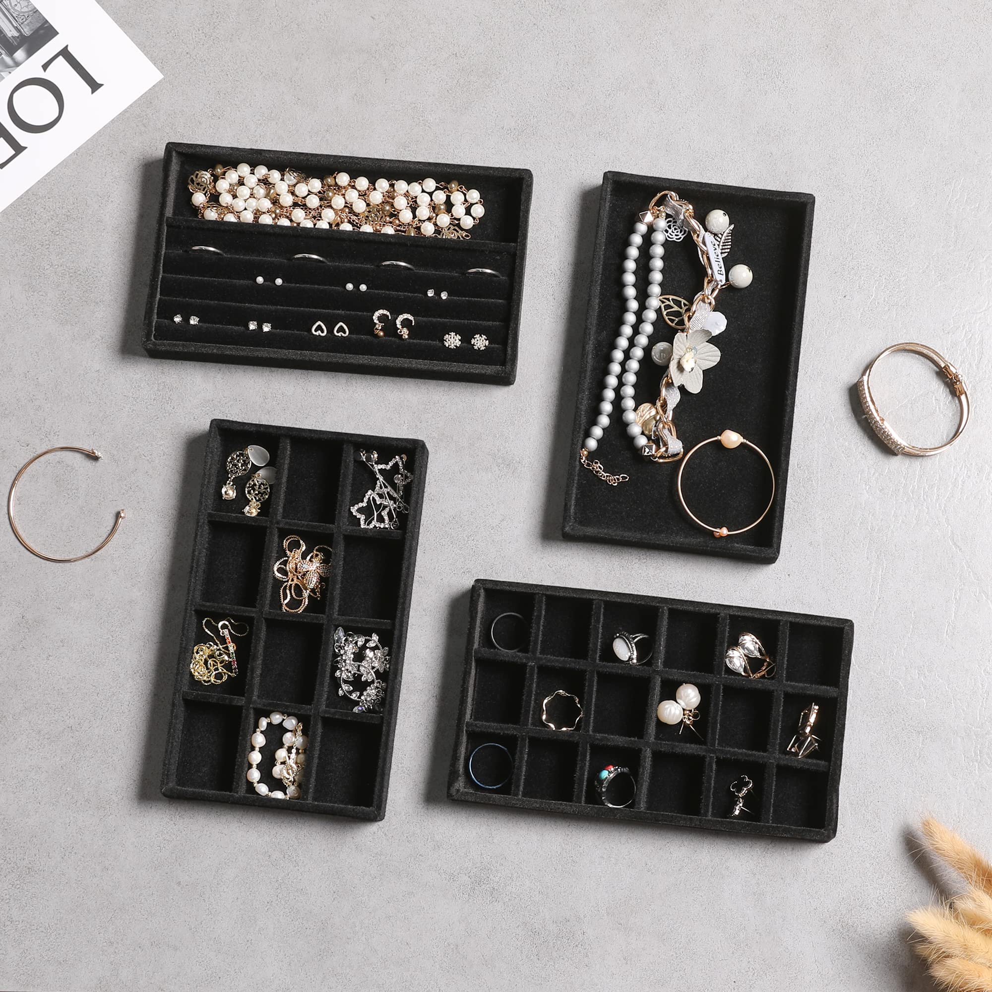 Frebeauty Stackable Velvet Jewelry Organizer Tray Set - 9-Piece Black Drawer Inserts for Earrings, Rings, Necklaces & Studs | Women's Jewelry Storage & Display Solution for Bedroom, Dresser & Travel