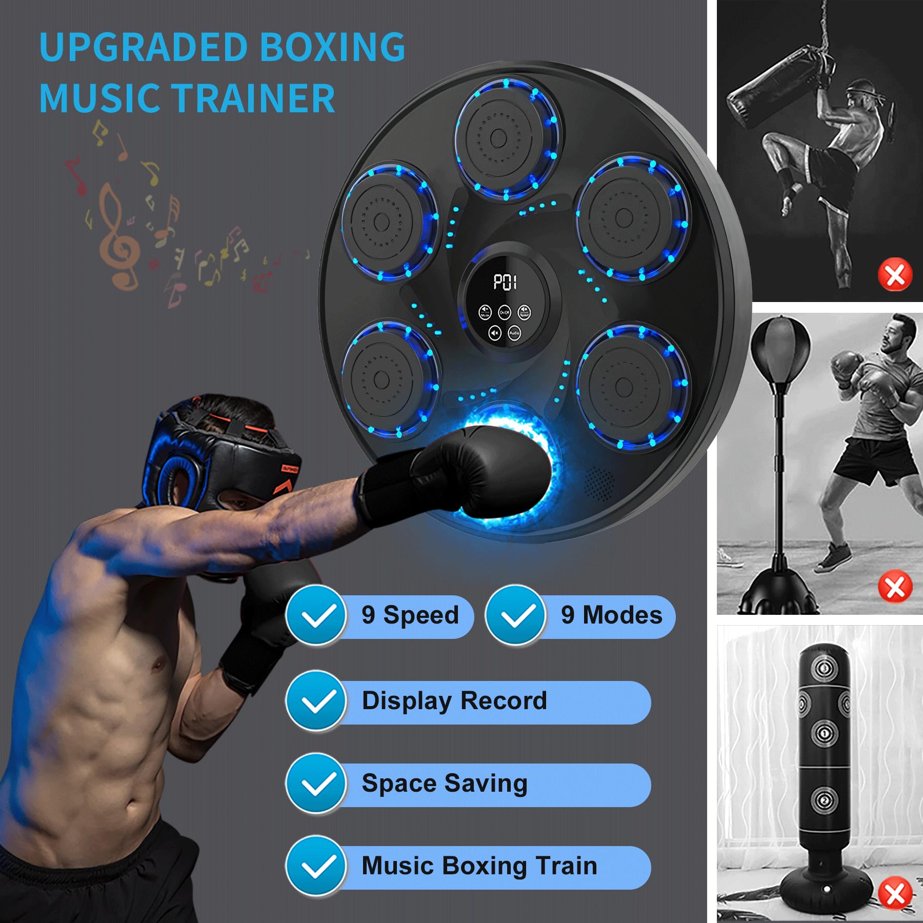 Electronic Music Boxing Machine for Adults & Kids - Large Interactive Punching Pad Trainer with Boxing Gloves, 9 Modes & 9 Speeds, Wall Mounted - Perfect for Home Gym, Fitness Training & Stress Relief