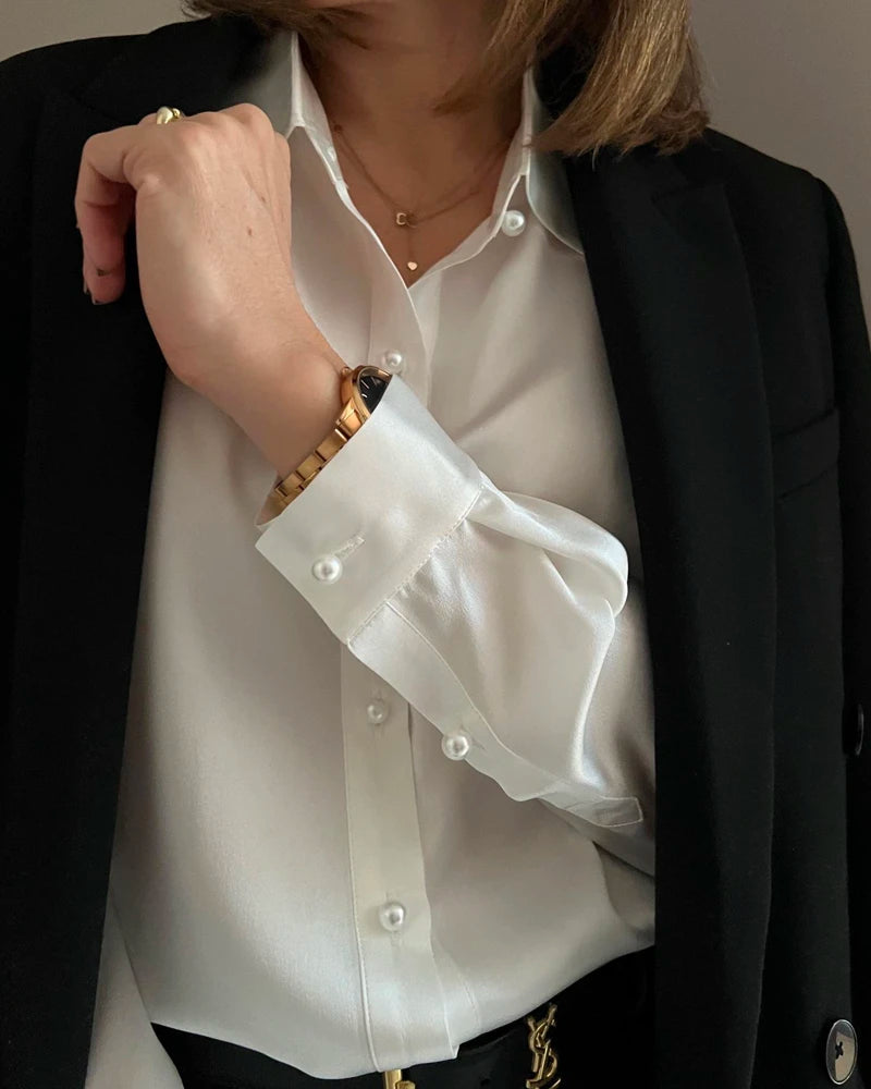 Elegant Women's Classic Pearl Button Silk Shirt - Premium Blouse for Office, Party & Formal Occasions