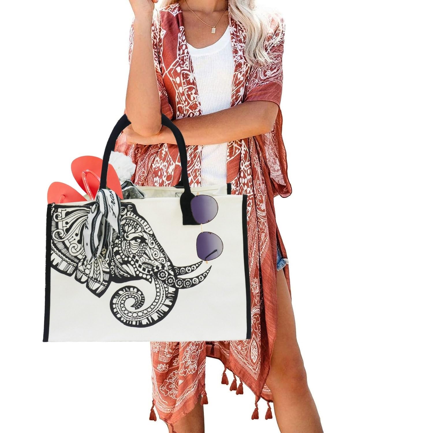 Personalized Canvas Tote Bag with Makeup Pouch - Stylish Beach Bag, Yoga Gym Bag & Teacher Gift - Boho Mandala Printed Design for Women | Perfect for Work, Travel, Shopping & Fitness Activities