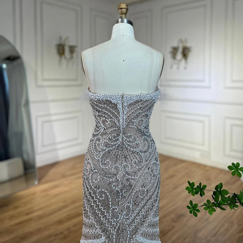Luxury Dubai White Nude Split Mermaid Pearl Beaded Evening Gown for Women - Elegant Wedding Party Dress LA72522 | Perfect for Bridal Showers, Red Carpet Events & Formal Galas