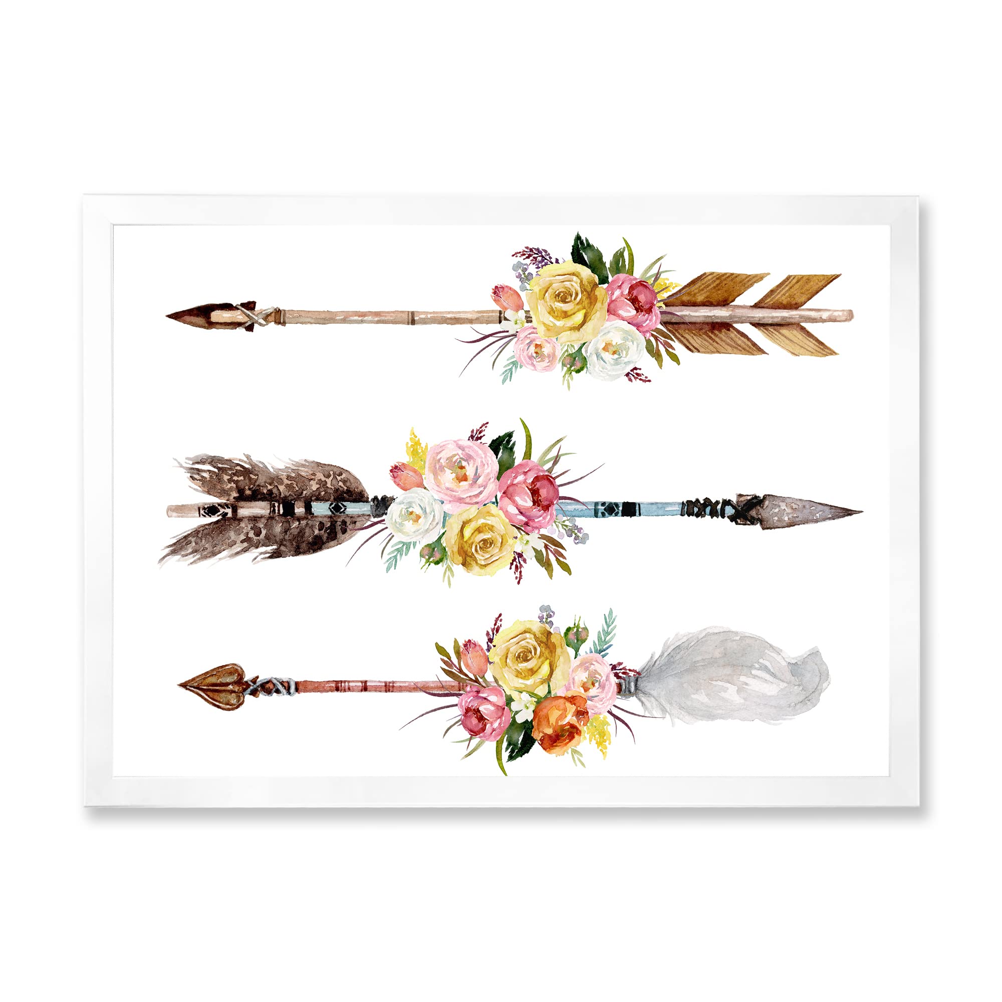 Bohemian Framed Wall Art with Ethnic Feathers and Flowers - Native Arrows II Eclectic Home Decor for Living Room, Bedroom & Office