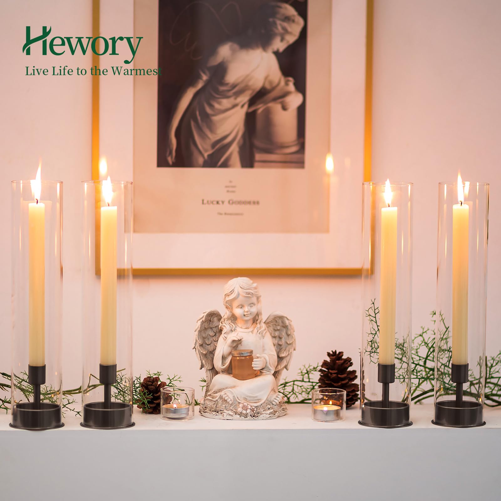 Hewory Hurricane Taper Candle Holders - 2Pcs Black Glass Candlestick Holders for Wedding, Party & Christmas Decor | Elegant Table Centerpiece for Home, Reception & Holiday Celebrations