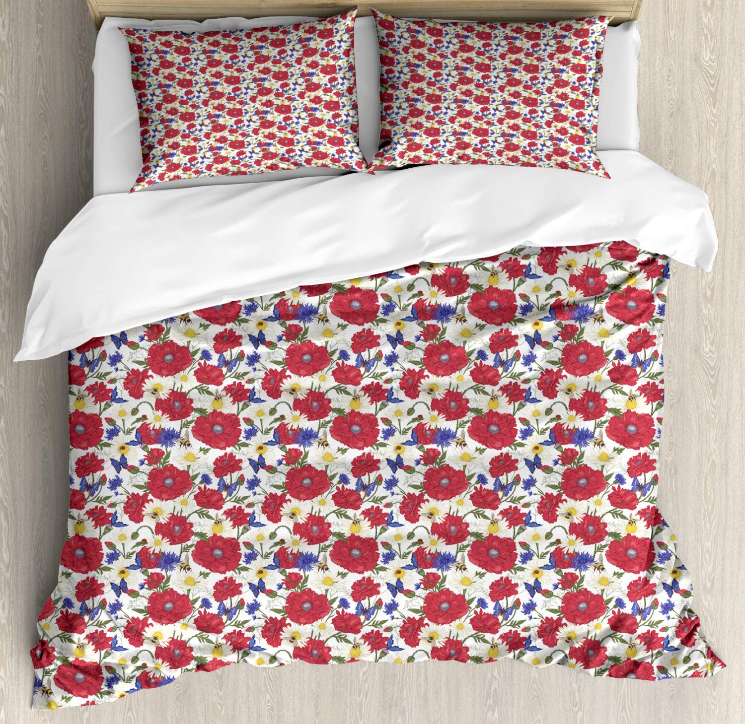 Ambesonne Poppy Flower Duvet Cover Set - Vintage Style Summer Bedding with Bees & Chamomile Blossoms, 3-Piece Queen Size Decorative Comforter Set (Duvet Cover + 2 Pillow Shams) for Bohemian Bedroom Decor | Perfect for Spring & Summer Home Styling