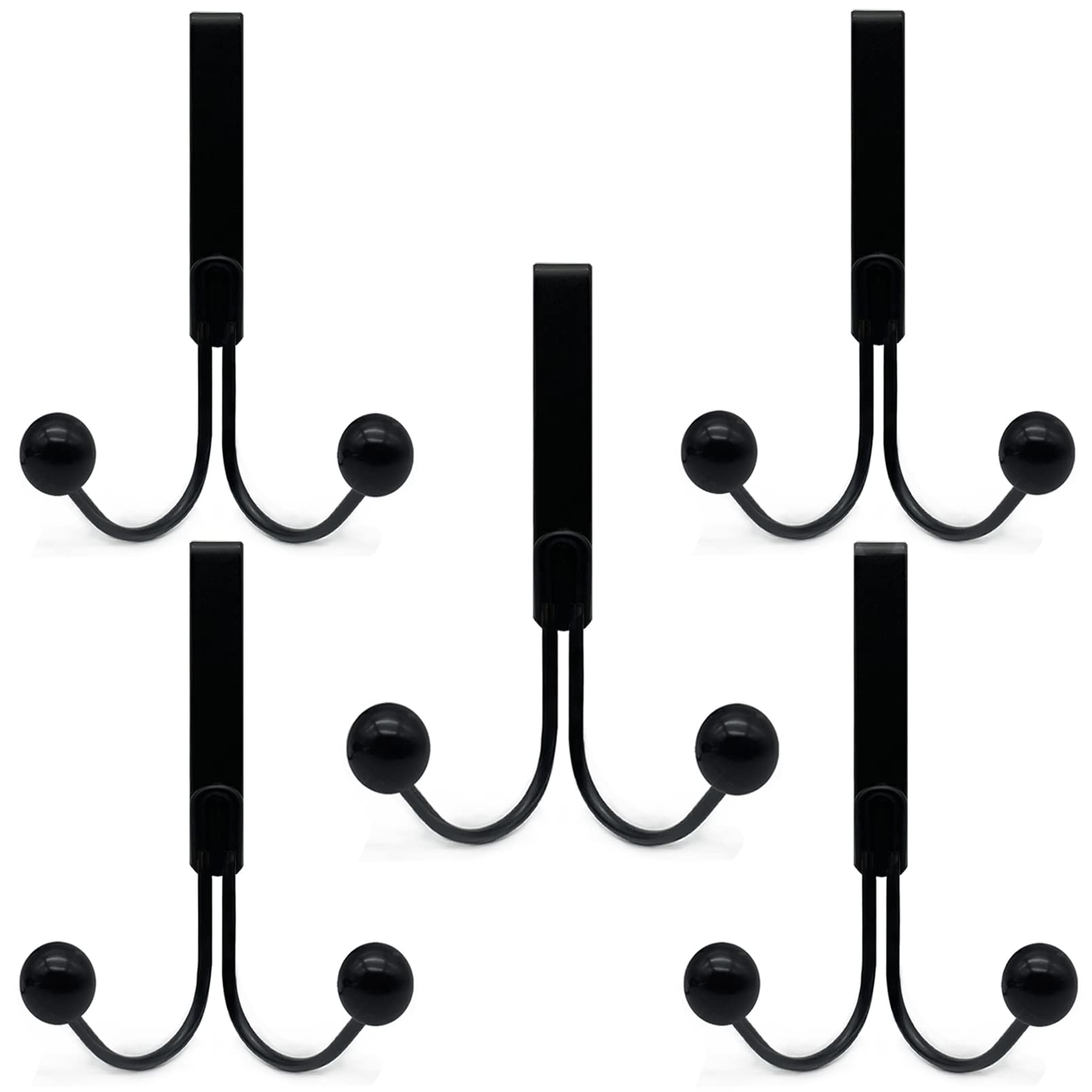 5 Pack Heavy Duty Metal Over The Door Hooks - Sturdy 2-Hook Hangers for Coats, Bags, Pants, Hats & Scarves - Fits Doors Up to 1.4 Inches (Black) - Perfect for Bedrooms, Closets, Dorms & Bathroom Organization