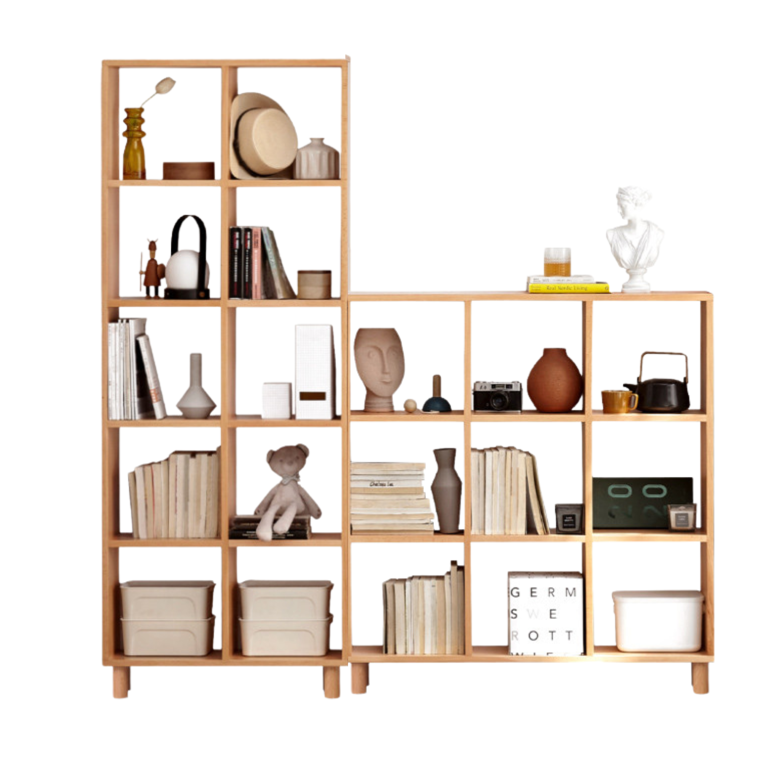 Solid Wood Bookshelf - Beech & Oak Bookcase with Free Combination - Perfect for Home Office, Living Room, and Library Storage