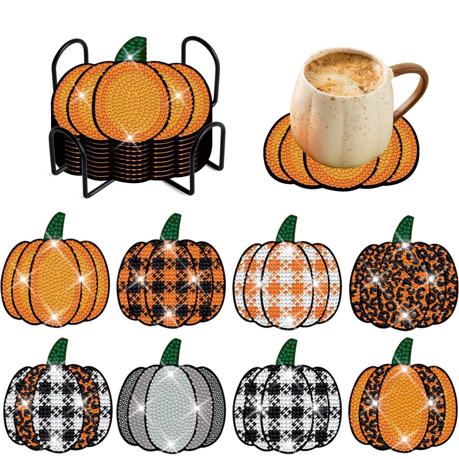 8-Piece Fall Plaid Pumpkin Diamond Coasters Set with Holder - DIY Cute Autumn Diamond Art Coasters - 5D Round Cup Coasters for Thanksgiving, Halloween, Home Decor & Holiday Gifts - Perfect for Coffee Tables, Dining Rooms & Seasonal Parties